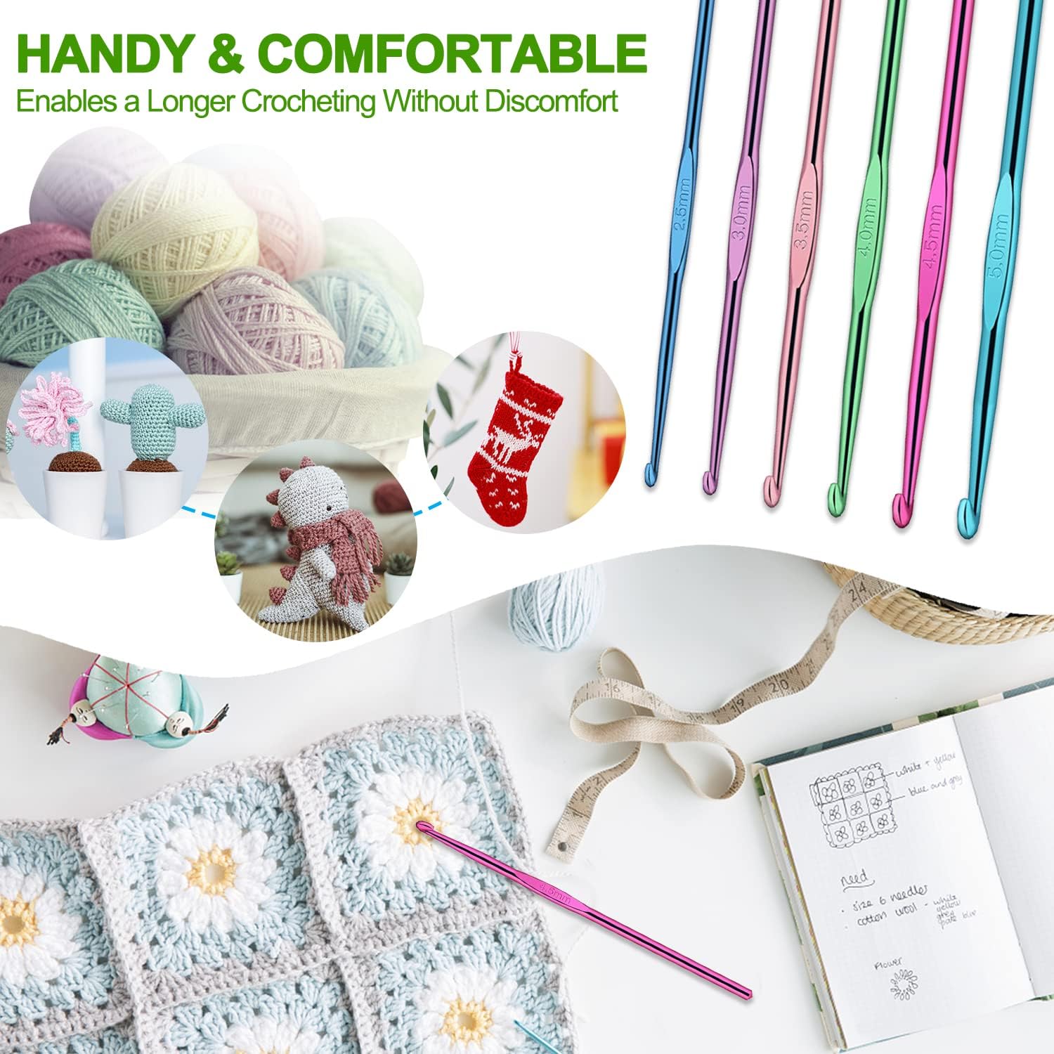 Coopay Haaknaaldenset met roltas, 14 stuks haaknaalden voor artritishanden, 2,0-10 mm lange haaknaalden met gladde haken en zachte grip, haakset voor beginners met accessoires, schattige kat