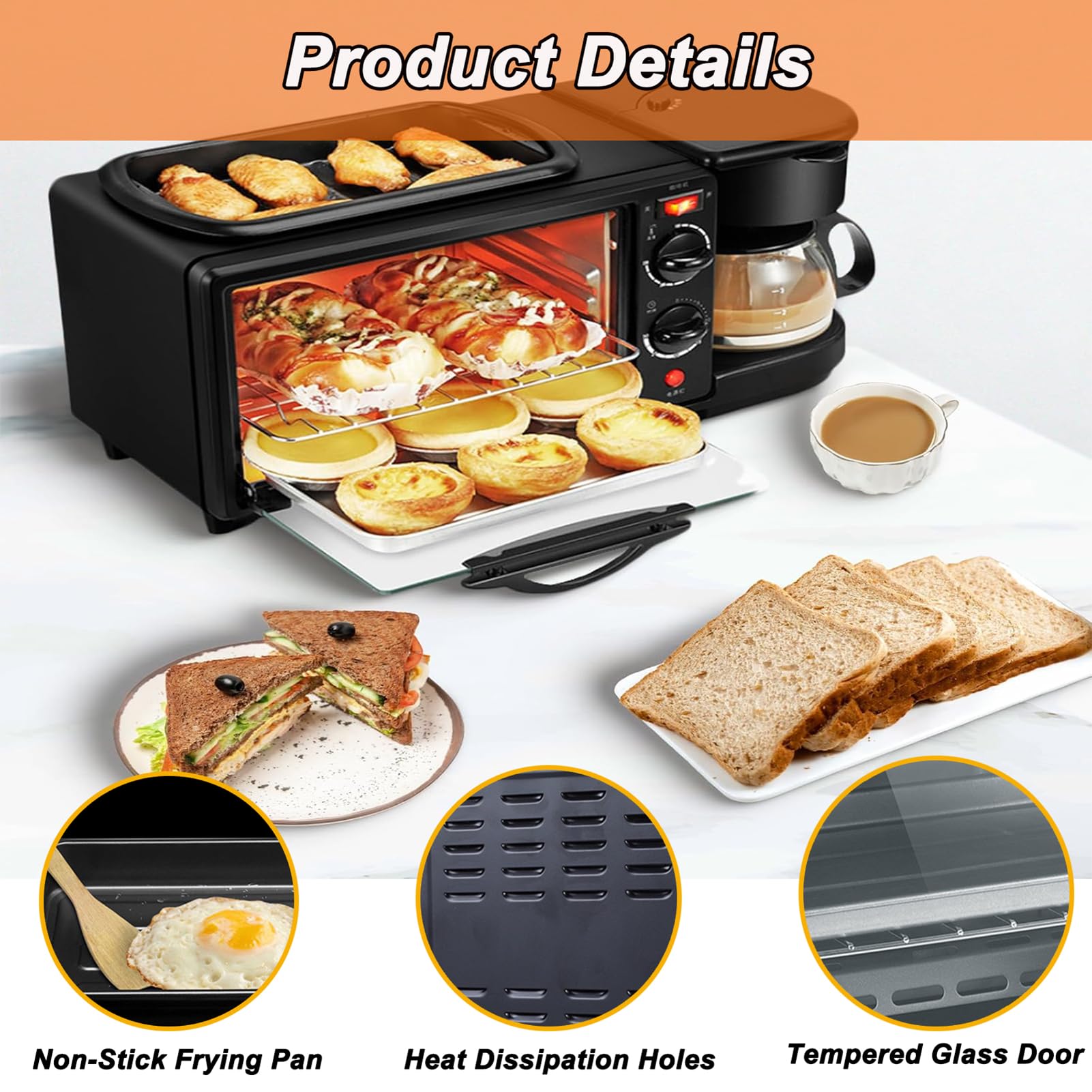 Station de petit-déjeuner, appareil de petit-déjeuner multifonction 1100W avec machine à café et plaque de cuisson, four grille-pain antiadhésif pour œufs, bacon et crêpes, appareil de cuisine