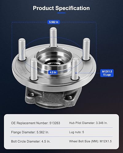 Miniatura 4 de ECCPP Conjunto de rodamiento de cubo de rueda delantera, 5 lengüetas con ABS para 08 09 10 11 12 13 14 Dodge Avenger Caliber compatible con 513263