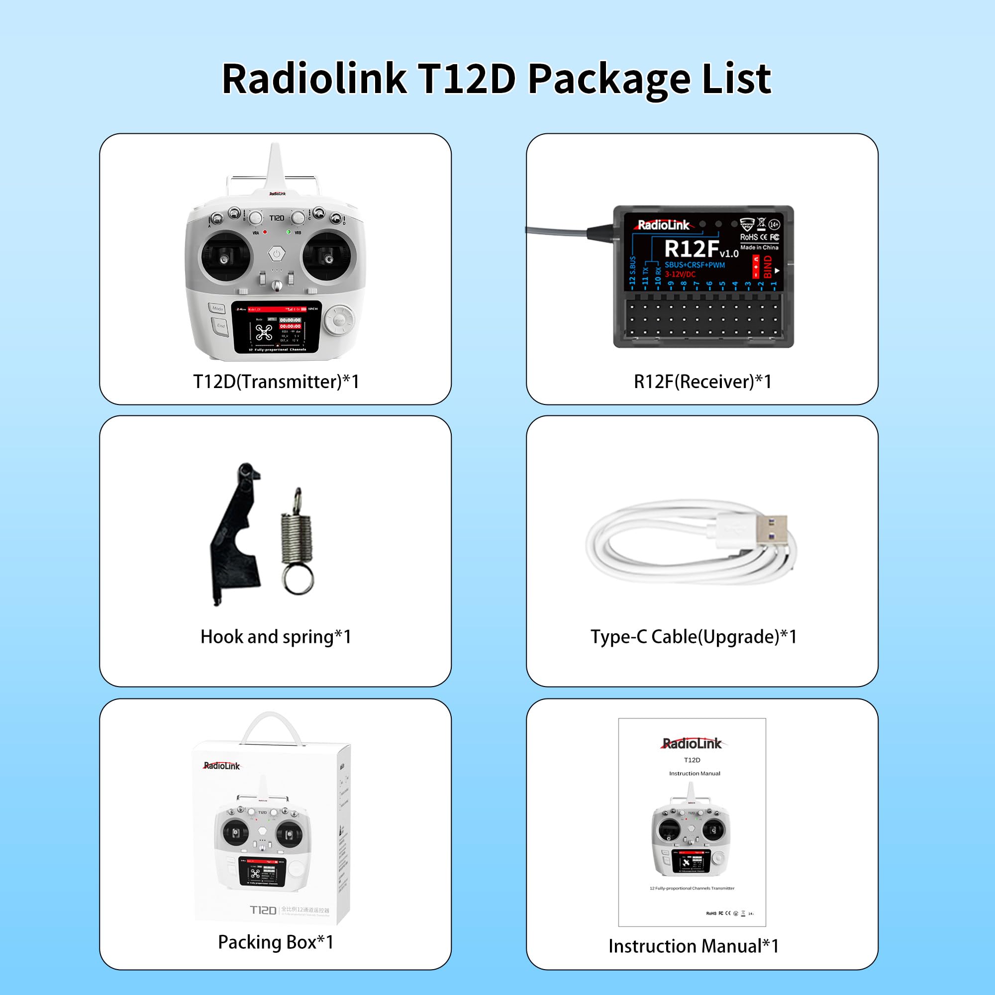 Radiolink T12D 12CH 2.4G RC trasmettitore R12F ricevitore, supporta ELRS/Crossfire moduli a lungo raggio, 50 modelli di archiviazione, telecomando RC a lungo raggio 4 km per aeroplani RC, droni,
