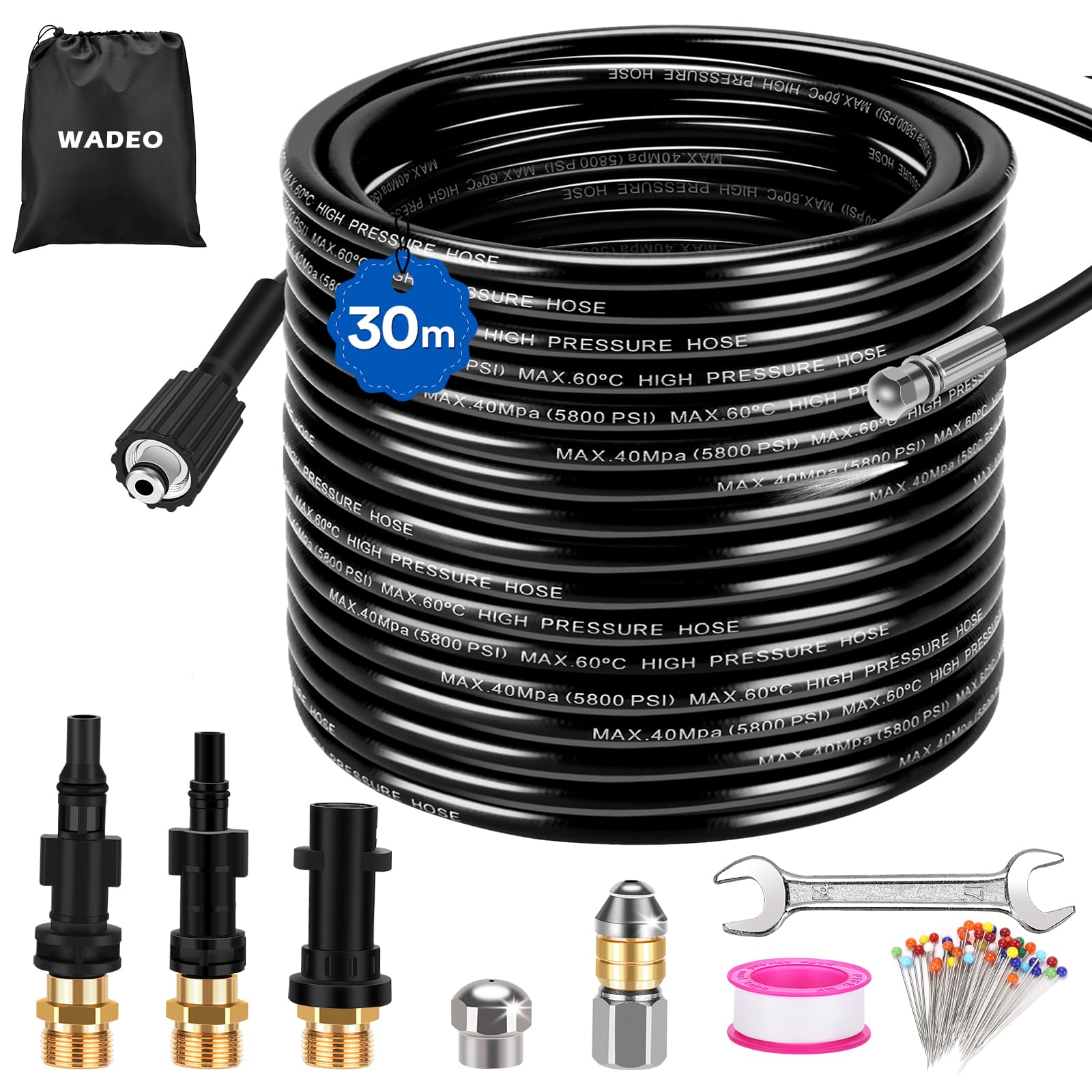 WADEO 30M 400Bar Rohrreinigungsschlauch Set für Kärcher K2-K7 Serien Bosch Lavor Hochdruckreiniger, 5800 PSI, mit M22 Adapter, Düsen starr + rotierend, Hochdruckschlauch für Verstopfte Rohre Abflüsse