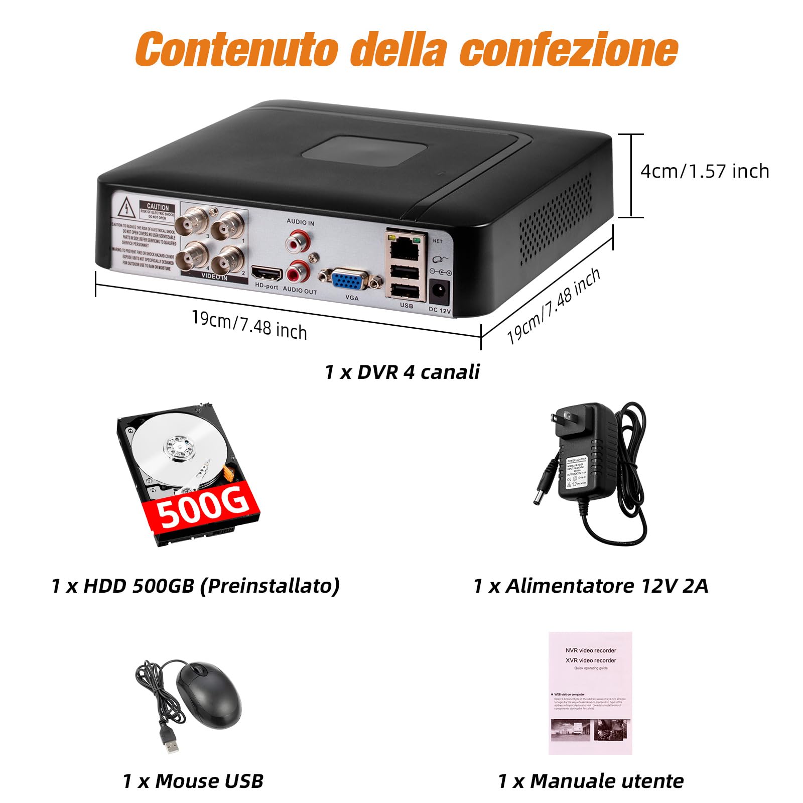 DVR di Sorveglianza 4 Canali CCTV con Hard Disk da 500 GB, Registratore Video 4CH 5MP H.265+ per Telecamere Analogiche/XVI/AHD/TVI/IP, DVR per Sistemi di Sicurezza Domestici, App Mobile e PC