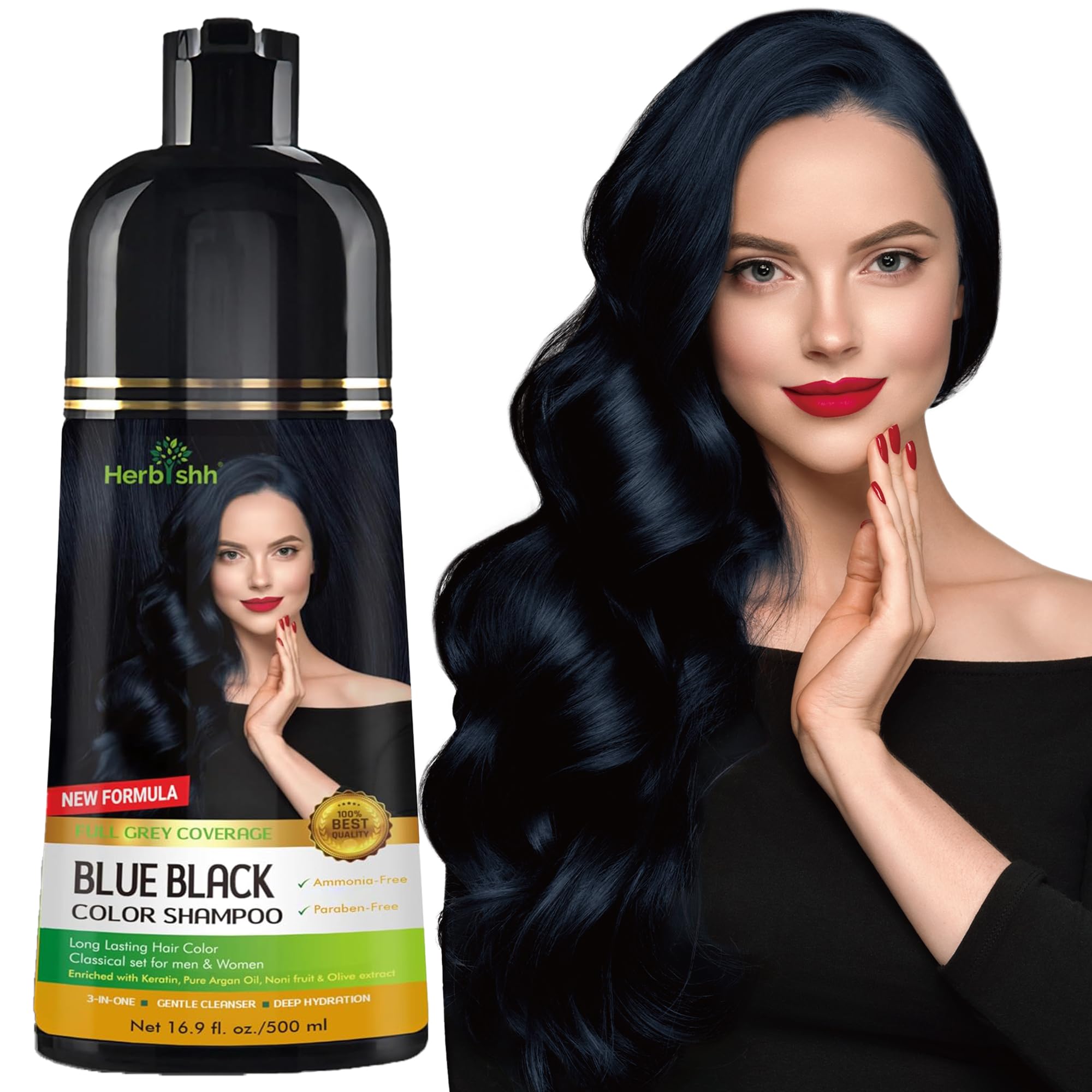 Herbishh Hair Color Shampoo - Magic Long-Lasting Hair Dye for Gray Hair Coloring in Minutes - 500 Ml - 3-In-1 Ammonia-Free Formula (Blue Black)