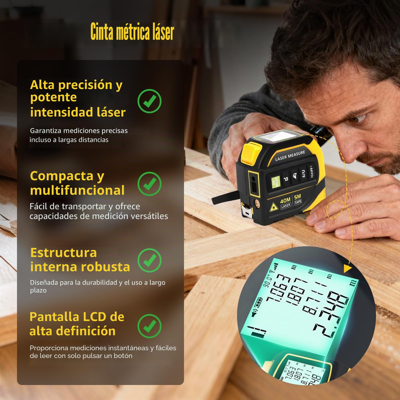 Cinta Métrica Digital 4 en 1 con Láser, Medidor Láser 100m con Bluetooth, CAD, Nivel Electrónico, Cinta Métrica 5m, para Distancia, Área, Volumen, Dibujo Inteligente, para Construcción, Carpintería
