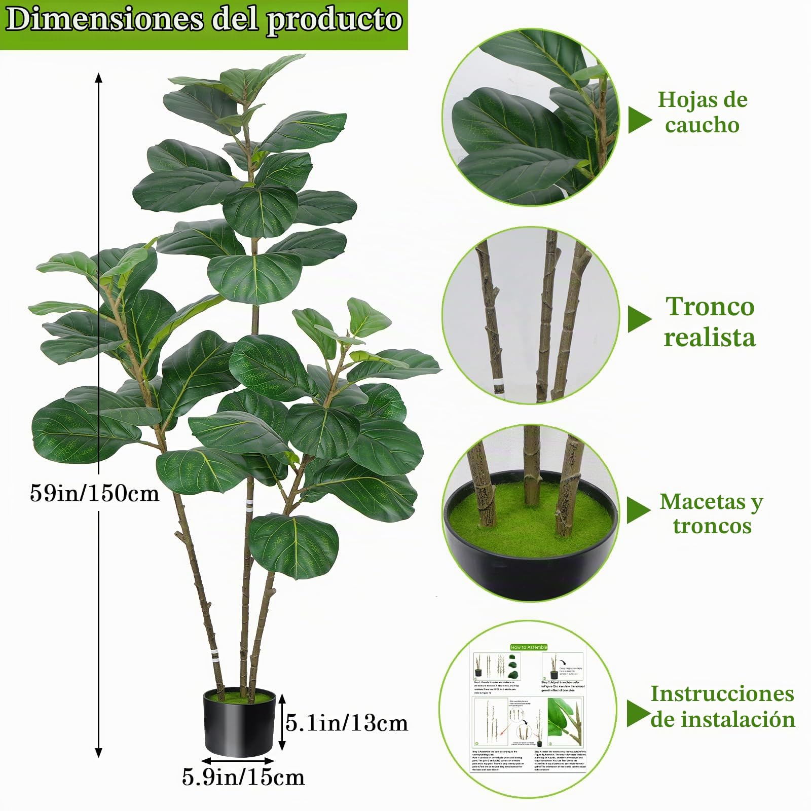 Ficus Lyrata Artificial 150 cm Planta Artificial Interior con Maceta Arbol Artificial Grande Árbol de Higuera Lira para Hogar Jardín Balcón Oficina Decoración Interior y Exterior