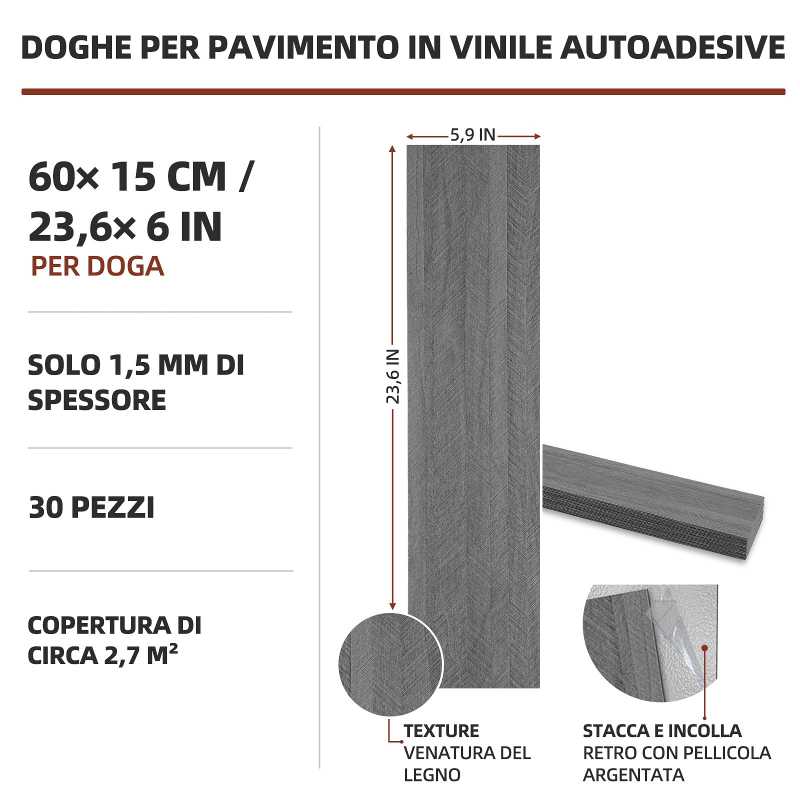 WADILE Samoprzylepne płytki podłogowe 60 x 15 cm z efektem drewna - samoprzylepne deski winylowe do renowacji podłóg