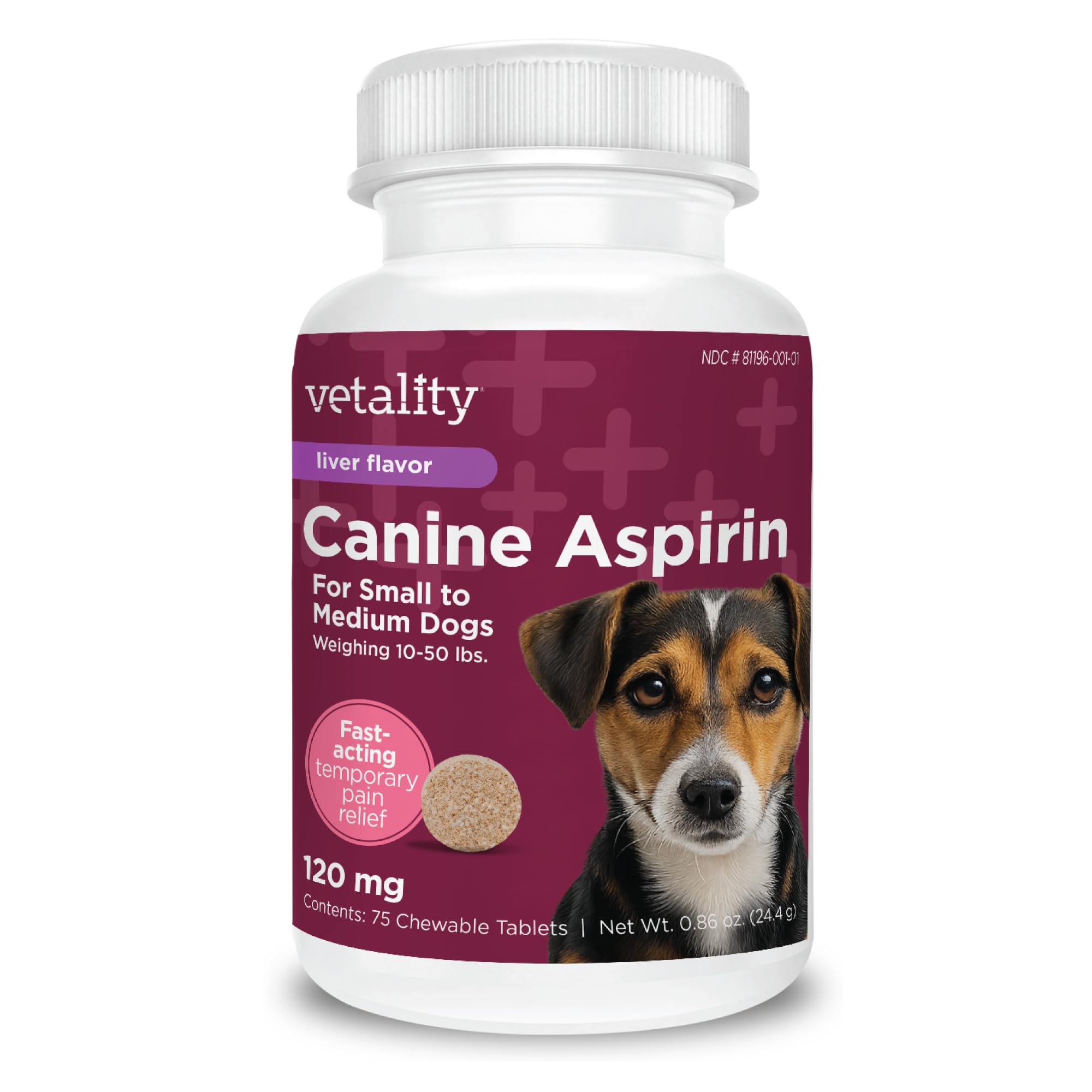 Vetality Aspirina canina para perros | Alivio rápido del dolor | Perros pequeños a medianos | Sabor de hígado | 75 tabletas masticables