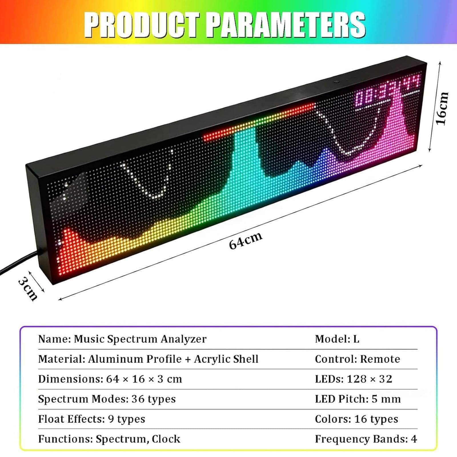 Analizzatore Musicale Personalizzato, Visualizzatore Di Spettro Musicale A Led 128x32 Con Sensore Vocale, 36 Stili E Display Rgb A 16 Colori, 4 Gamme Di Frequenza,Per Musicisti E Appassionati Di Audio