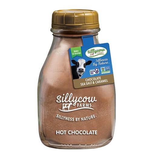 Sillycow Farms Hot Chocolate Sea Salt & Caramel Rich Chocolate Powder Delight Gluten Free Non GMO Dairy Free Indulgence with Pure Sweet Caramel Flavor Reusable Packaging 16.9 oz Glass Bottle Pack of 1