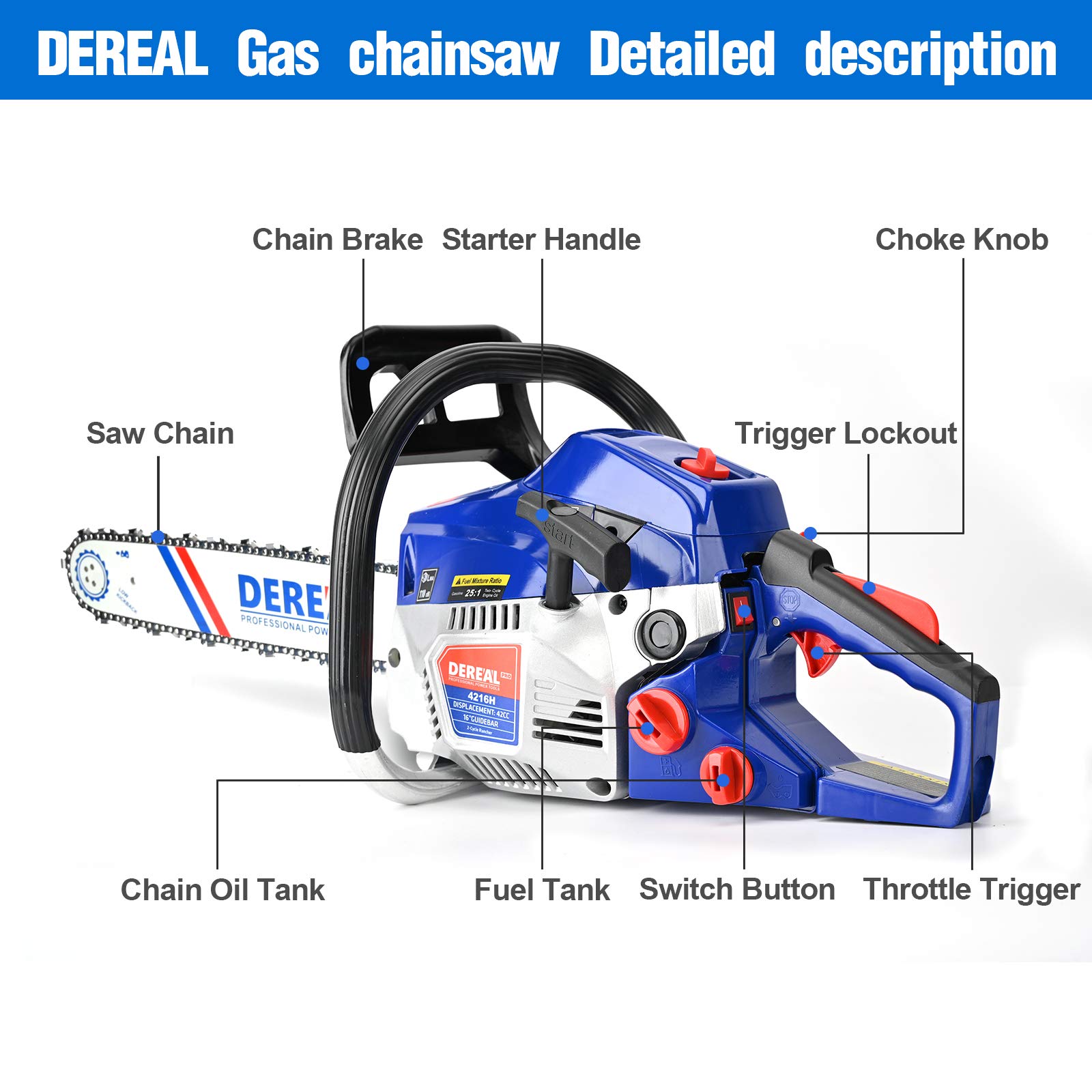 DEREAL Pro 16 inch Gas Chainsaws 2StrokeCycle Gasoline Powered Chain