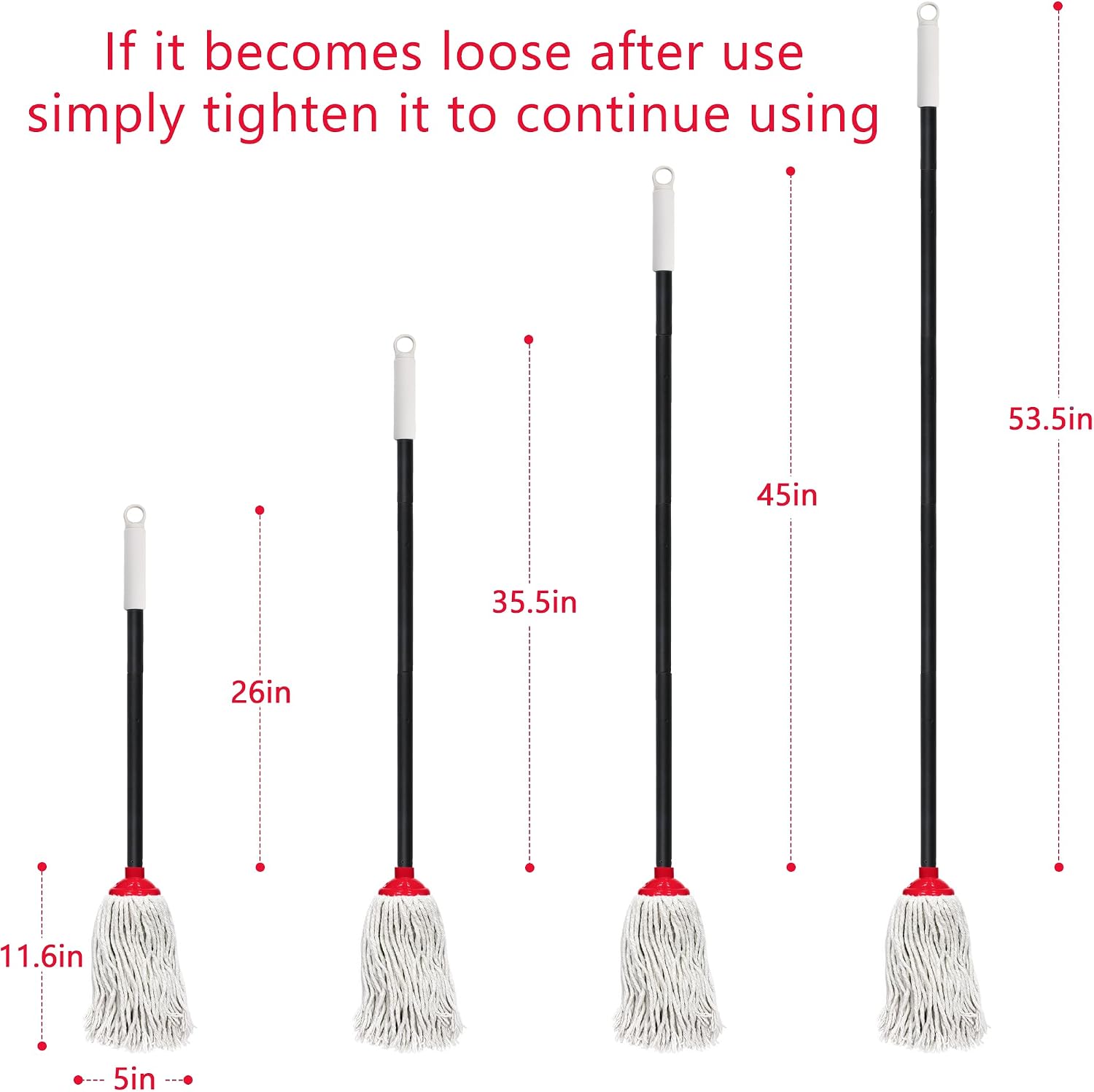 Indoor Cotton Mops for Floor Cleaning, 52" Long Handle Cotton Mop, Cleaning Mops for Tiles and Hardwood Floor, Household Mop for Kitchen, Bathroom, Garage, Tile & Hardwood Floors（Red White）