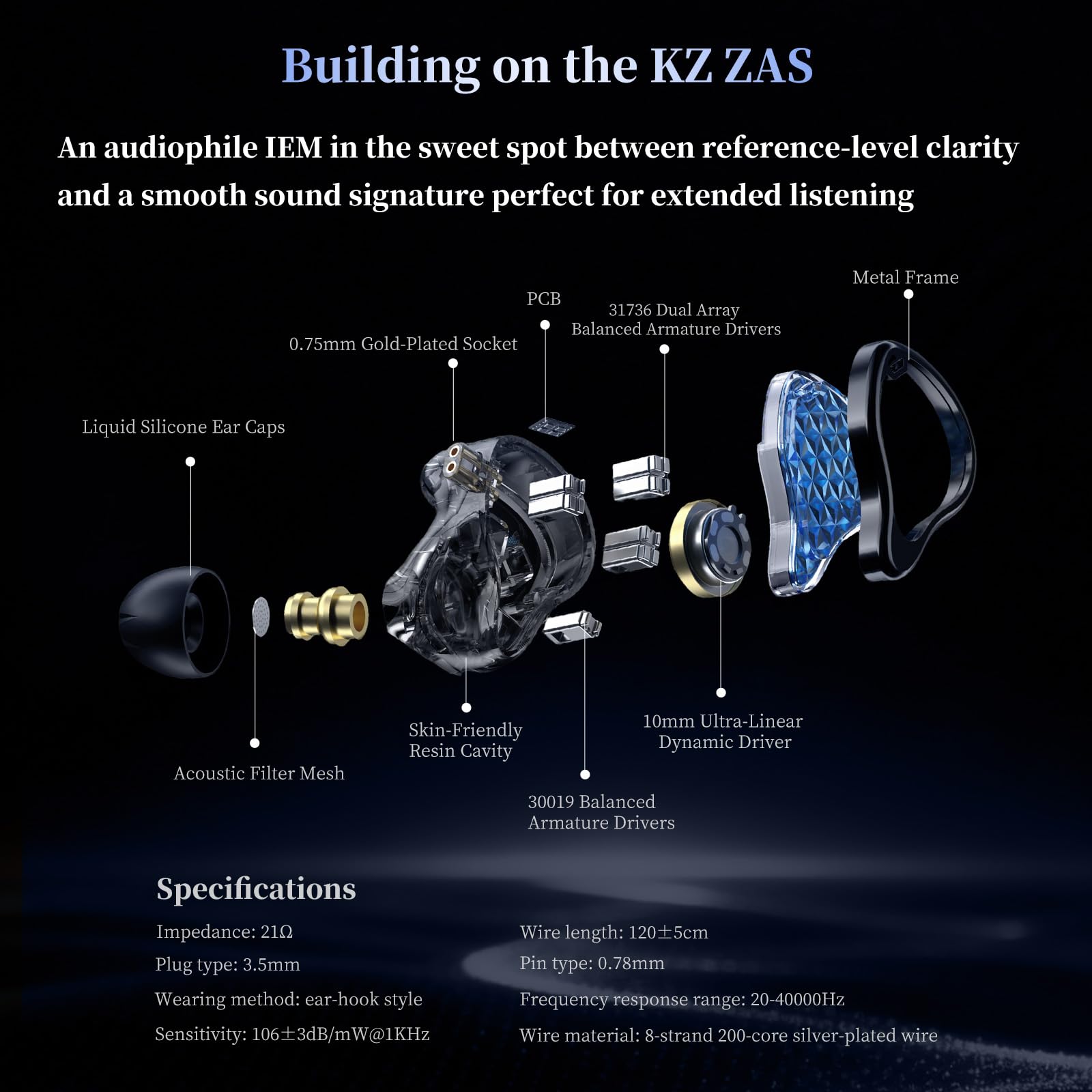 KZA COUSTICS KZ ZAS Pro In Ear Monitor, 1DD+7BA Hybrid Kopfhörer
