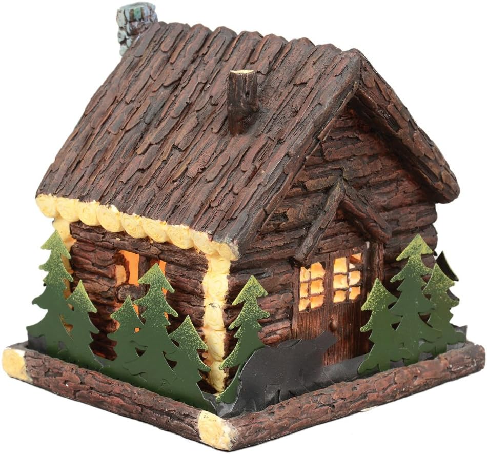 BLACK FOREST DECOR Rustic Bear & Cabin Nightlight - Polyresin Bedside Lamp with Tin Cutouts - 5.5"