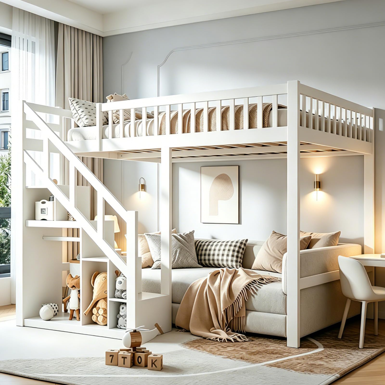 Letto a castello, 90 x 200 cm, letto a castello con scale e spazio di archiviazione, lettino per bambini con libreria e armadio, letto per ragazzi con rete a doghe, in legno massiccio, senza
