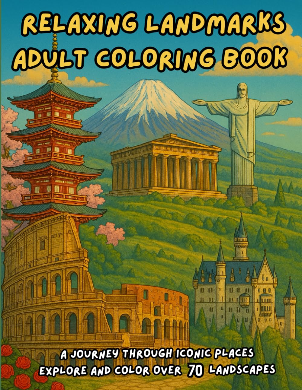 Relaxing Landmarks Adult Coloring Book: A Journey Through Iconic Places. Explore and color over 70 iconic landscapes and monuments. Discover fun facts while you relax.