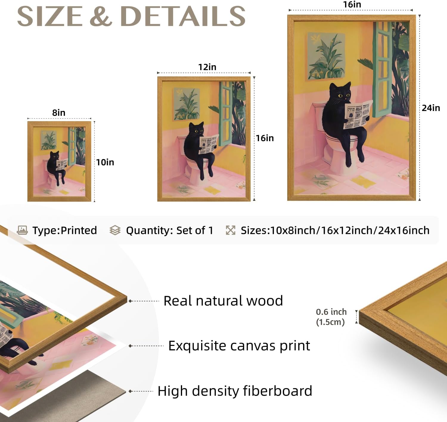 Cyebmo Funny Bathroom Wall Art, Cute Black Cat Sitting on Toilet Reading Newspaper Wall Decor, Whimsical Pink Abstract Animal Canvas Artwork for Bathroom Kid's Restroom Bedroom Wood Framed 12x16 Inch
