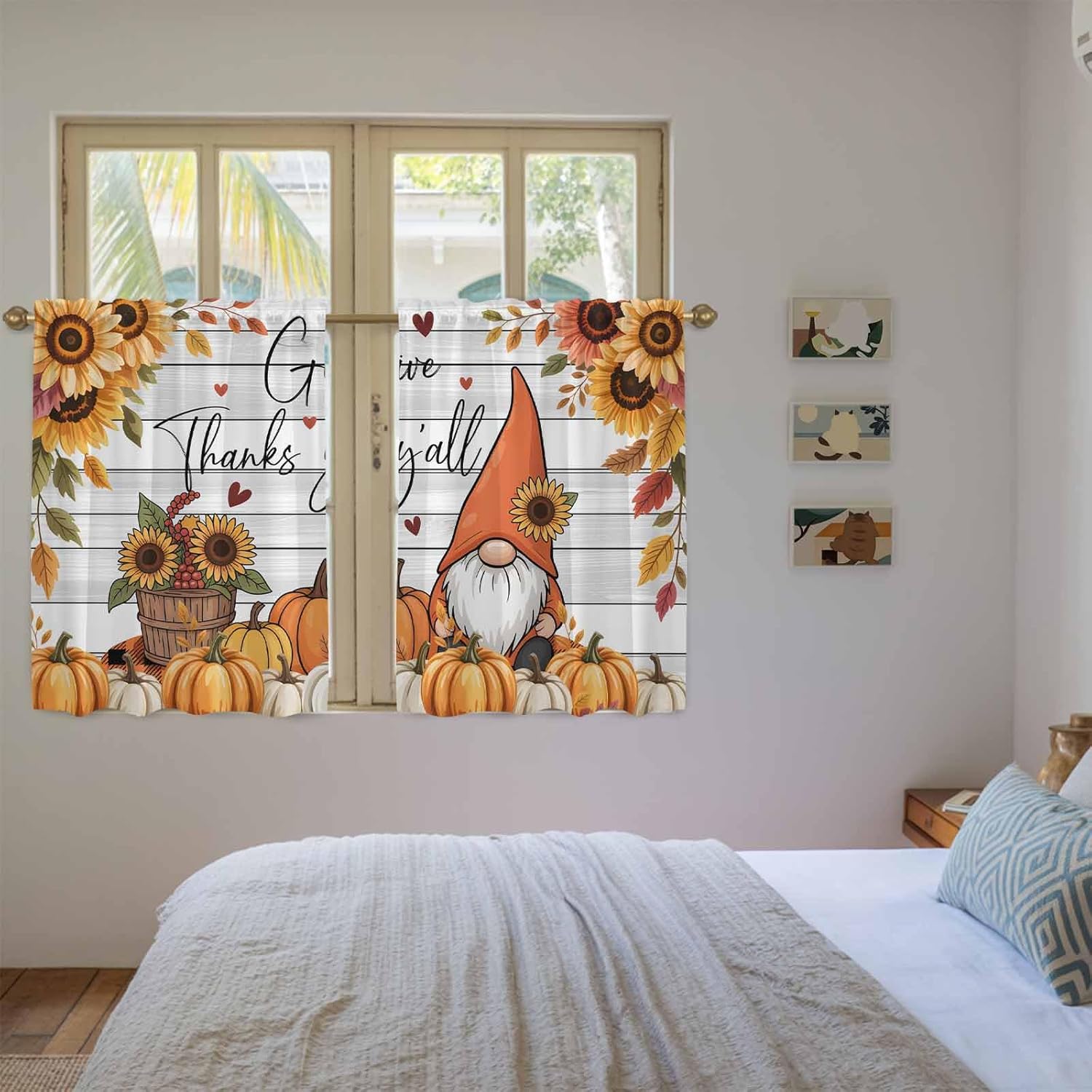 Fall Gnomes Kitchen Tier Curtains 45 Inch Long 2 Panel Set,Rod Pocket Short Window Treatment,Thanksgiving Pumpkins Sunflower Gray Wooden Curtains & Drapes for Bathroom Basement 27.5"W x 45"L