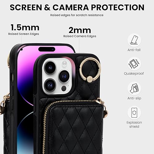 Miniatura 5 de Keallce Funda para iPhone 14 Pro Max de 6.7 pulgadas, cartera cruzada con cremallera para mujer, tarjetero con bloqueo RFID, soporte de cuero con