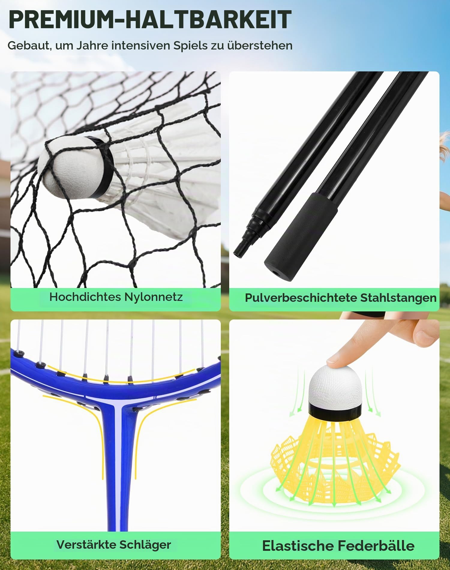 BAGAIL Tragbares Badminton-Netz-Set – Aufbewahrungskoffer – freistehende Basis – schnelle Einrichtung – Pop-Up-Badmintonnetz mit 4 Schlägern, 4 Federbällen für Indoor- und Outdoor-Spiele
