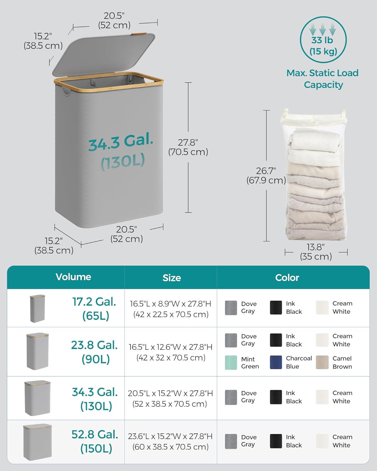 SONGMICS Laundry Hamper with Lid, 2-Section Large Laundry Basket, 34.3-gallon (130L), Removable Mesh Liner, Bamboo Handles, Collapsible, 20.5 x 15.2 x 27.8 Inches, Dove Gray ULCB513G01