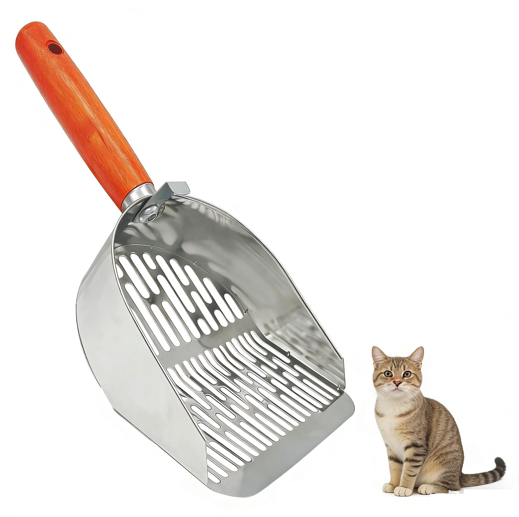 Cat Litter Scoop Metal 304 Stainless Steel, One-Piece Pressed Design with No Weld Spots, Durable Anti-Break Handle, Dual Slot Sizes, with Holder Stand, Easy to Clean, Filters Small Litter Clumps