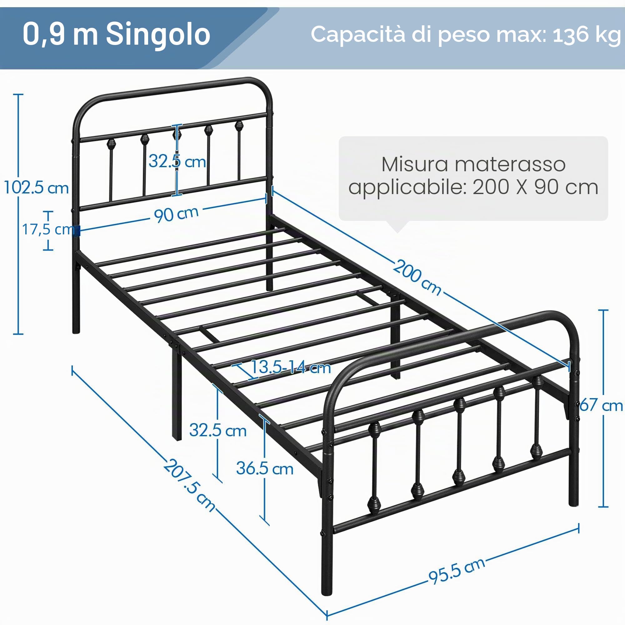 Yaheetech Struttura Letto Singolo in Ferro 90 x 200 cm Testiera Alta con Spazio Aggiuntivo per Camera da Letto Soggiorno Nera