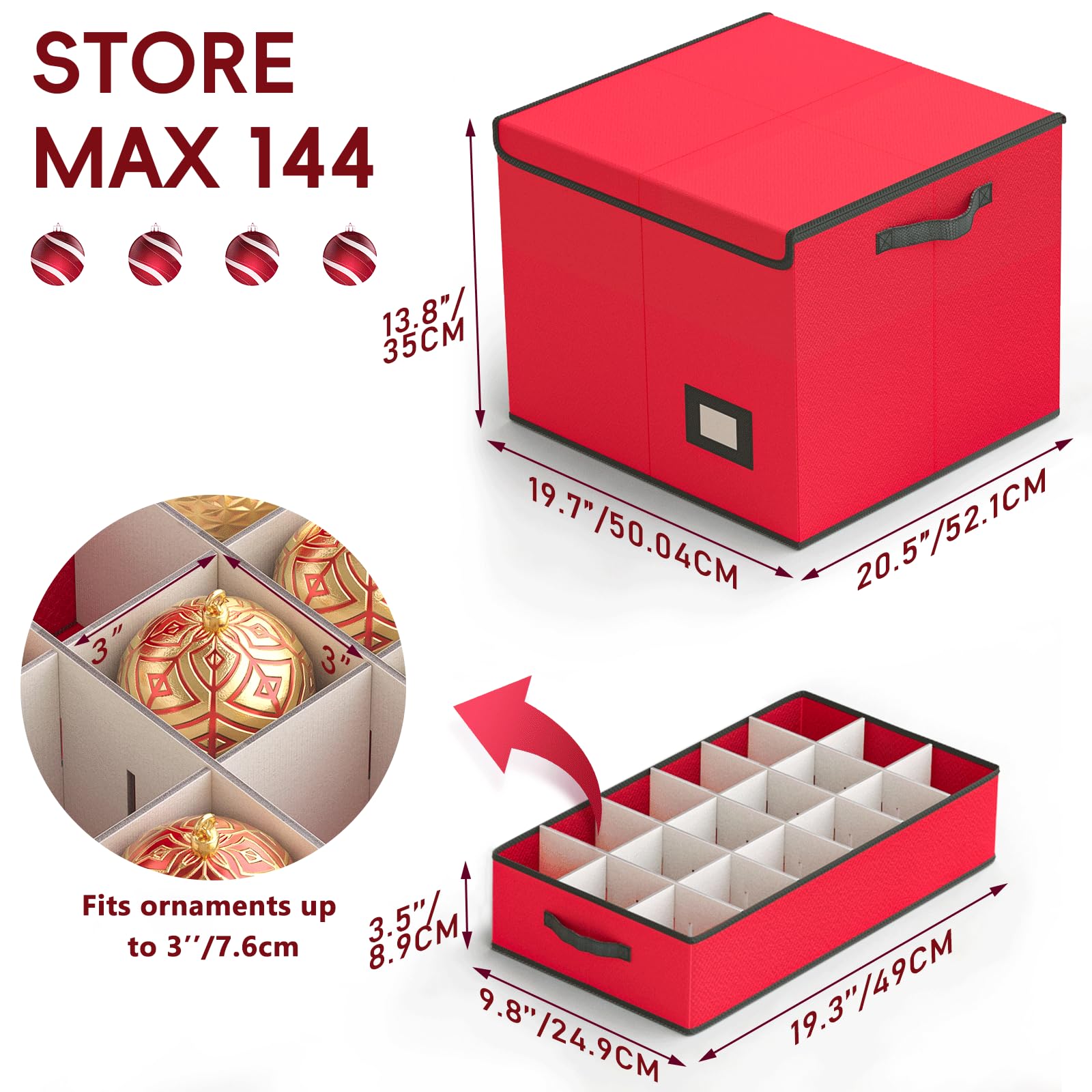 Bomclap Scatola portaoggetti per palline di Natale, con 144 divisori, grande contenitore natalizio con coperchio flip top per decorazioni natalizie e decorazioni (rosso)