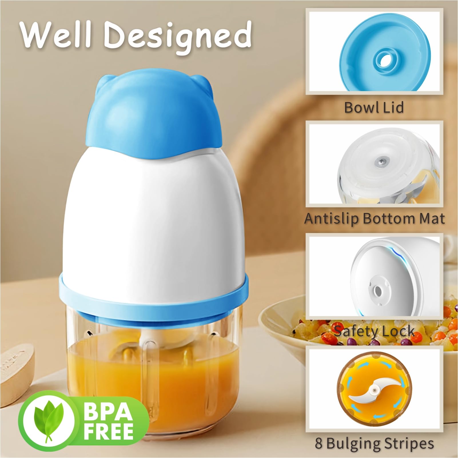 Máquina de alimentos para bebés, procesador de alimentos inalámbrico, licuadora de puré con cuenco de vidrio de 11.8 fl oz y 6 cuchillas afiladas, pequeño cortador inalámbrico para hacer puré de bebé 6