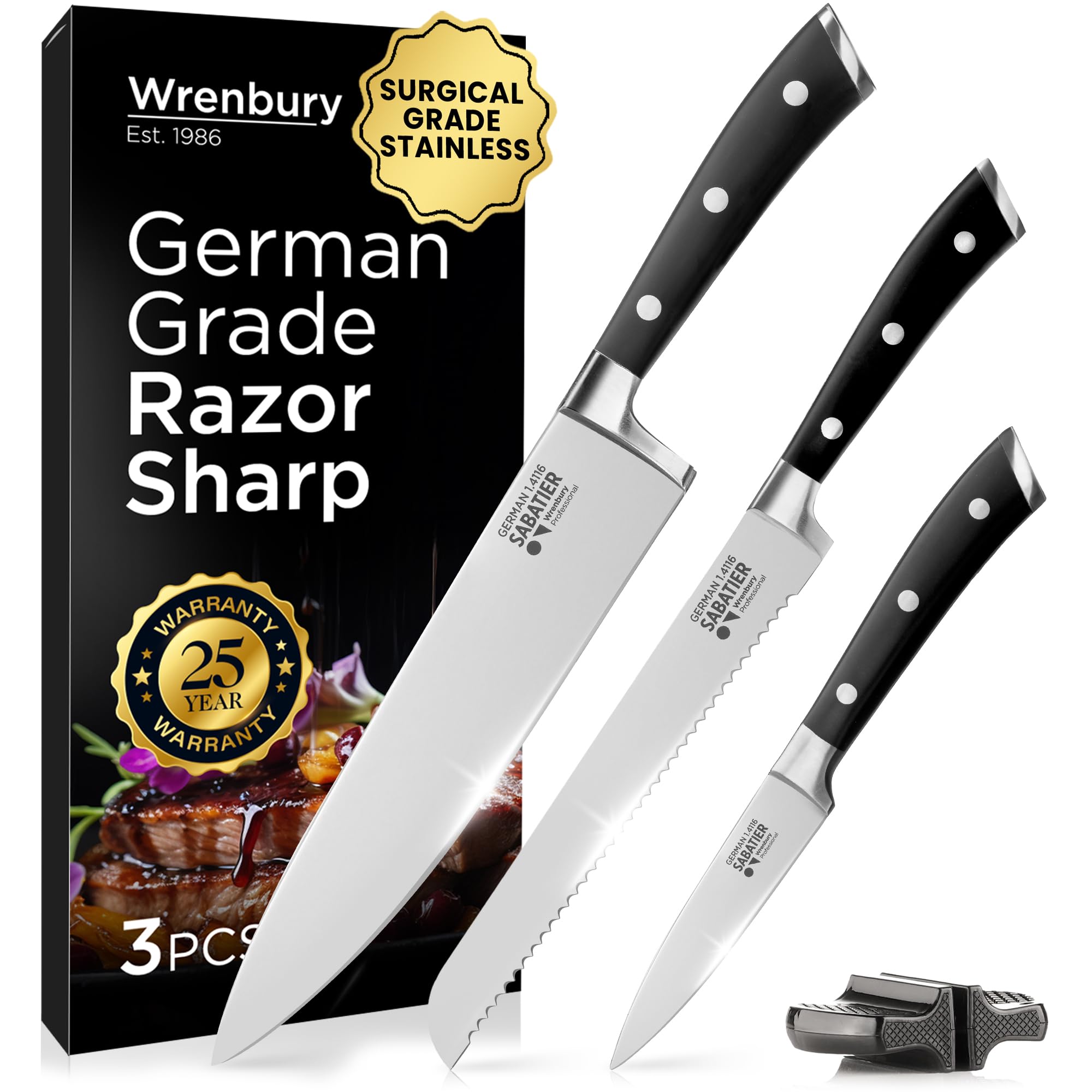 WrenburyProfessional Sabatier Knife Set - German Grade - Ultra Sharp Stainless Steel with Sharpener - Kitchen Knives Set of 3 - All Purpose Utility Knives