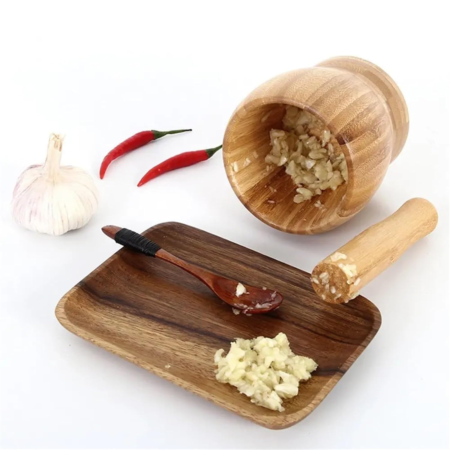 Pestle and Mortar Set Bamboo Pestle Grinding Bowl Set Wooden Garlic Pugging Pot Pedestal Bowl