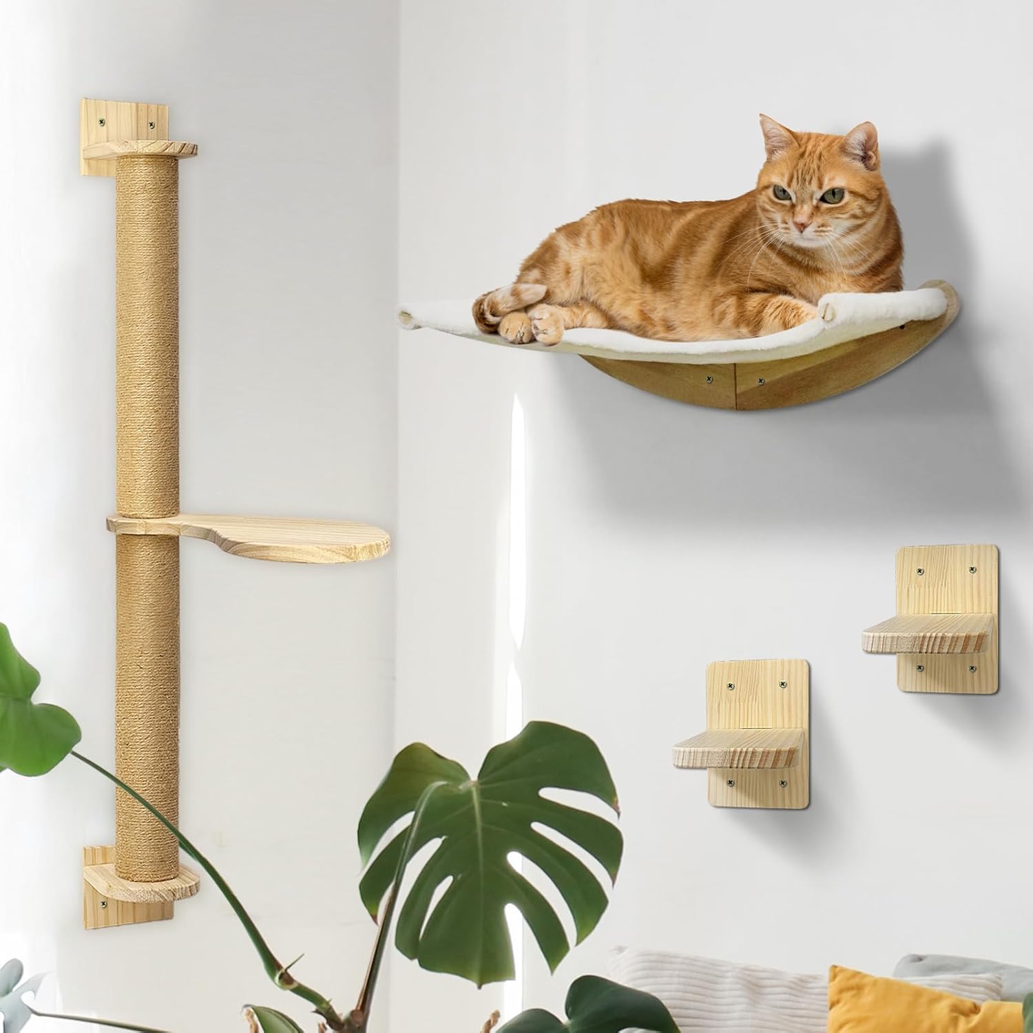 Wall Mount Cat Wall Shelves – Hammock, Scratching Post with Landing, Two Jumping Steps – Cat Furniture and Shelves up to 30 lbs, Set of 4