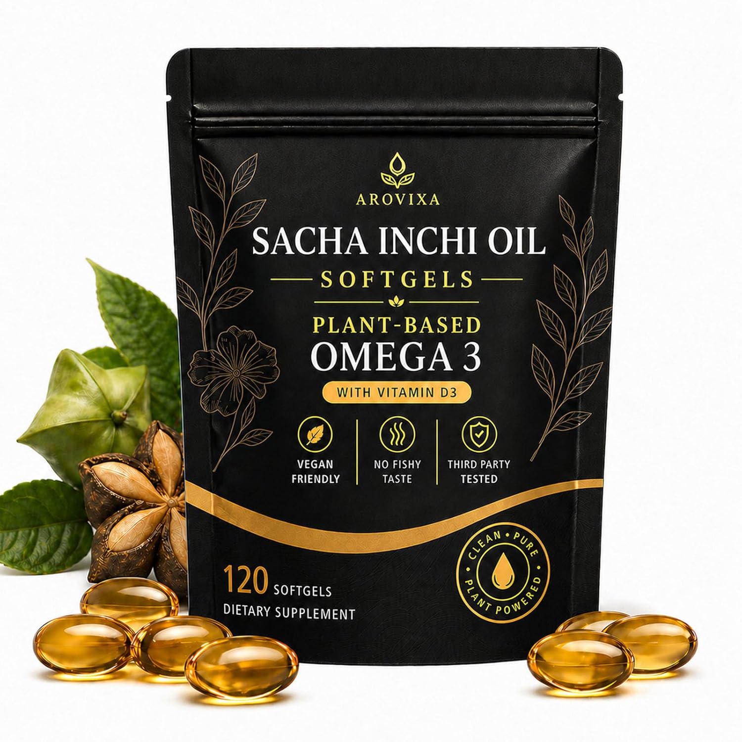 Sacha Inchi Oil 𝗦𝗼𝗳𝘁𝗴𝗲𝗹𝘀 -120ct, Plant-Based, Vegan Fish Oil Alternative, with Vitamin D3, No Fishy Taste, Clean Daily Support(1)