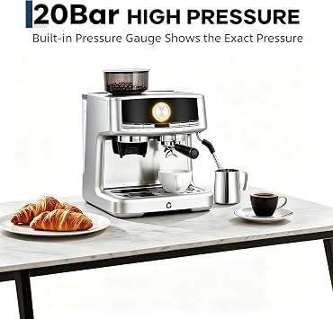 20 Bar Espresso Coffee Machine with Built-in Bean Grinder, Pressure Gauge