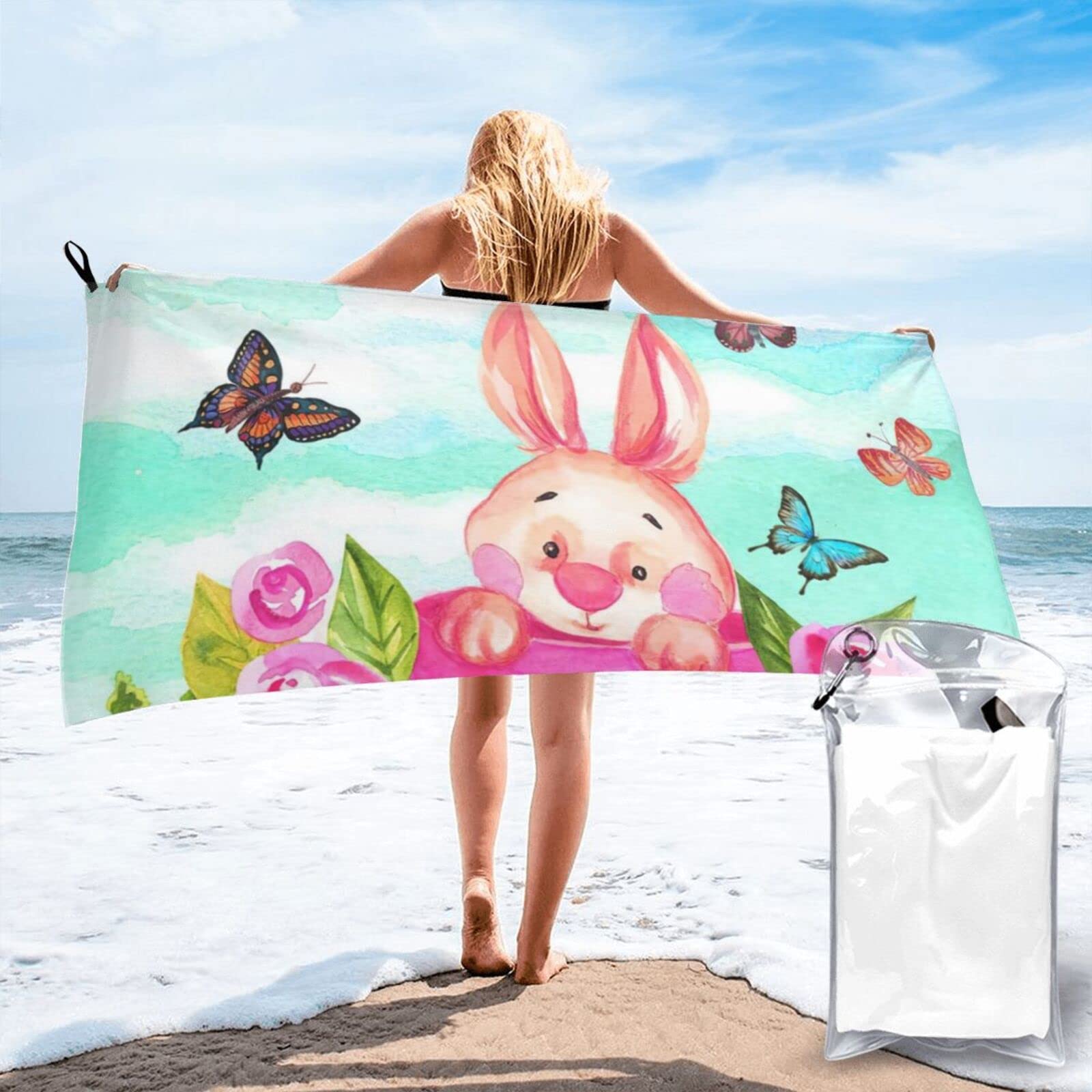 Lawenp Easter Cute Bunny and Flowers Microfiber Beach Towel Adults Large Quick Drying Bath Towel Travel Towels with Pouch 27.5"x55"