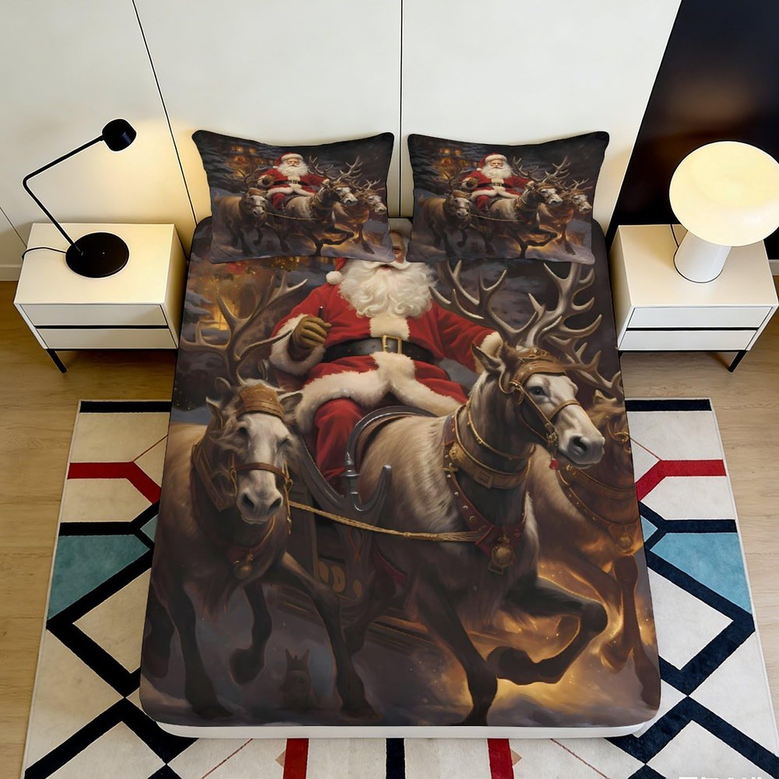 3D Printed Santa Claus Sleigh Fitted Sheet Microfiber Christmas Reindeer Bed Cover for Bedroom Guest Room Decor 90x200x25cm