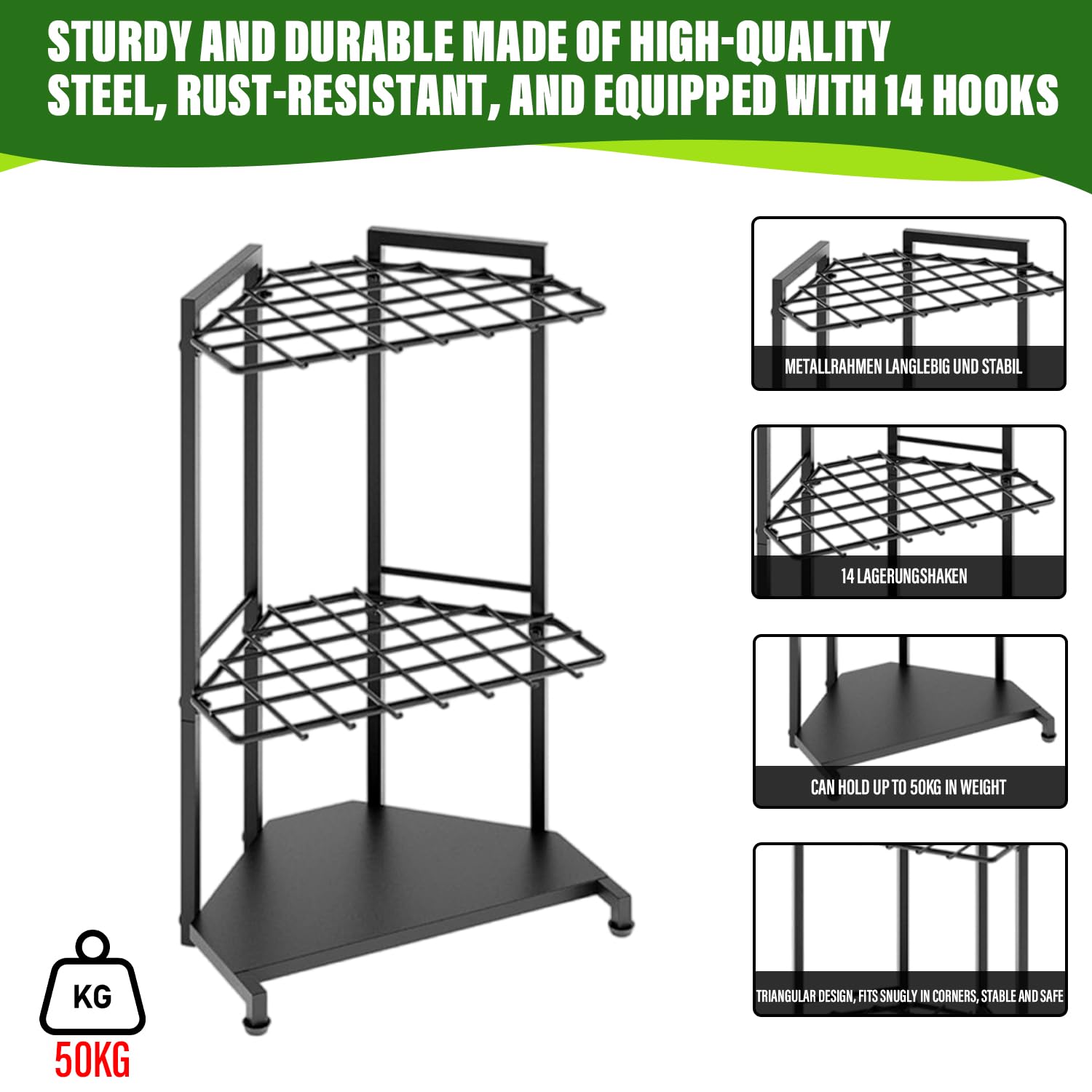 Organisateur d'outils de jardin avec crochets, étagère de rangement, rangement d'outils de jardin pour garage, abri de jardin, cour