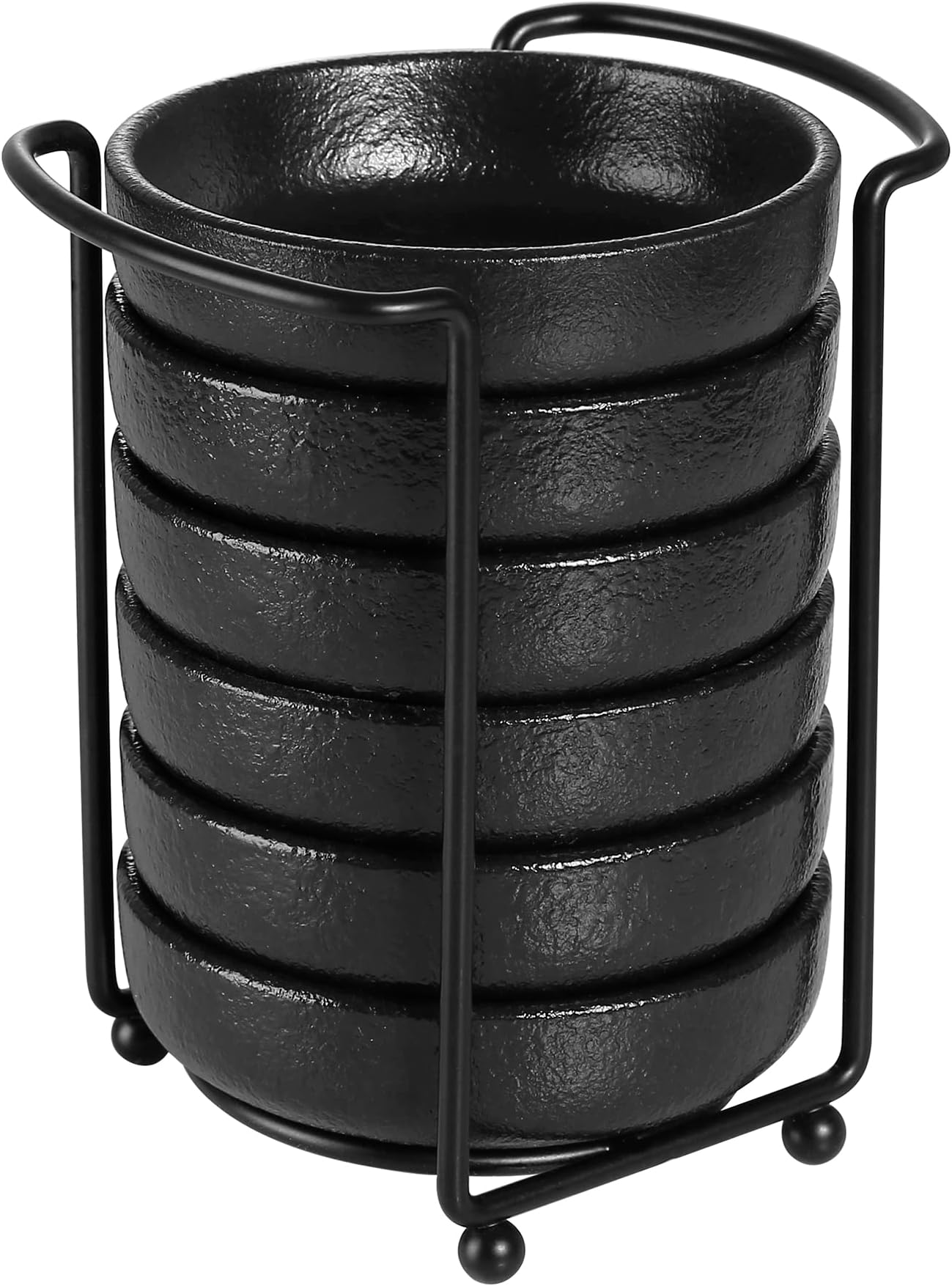 YJR Ceramic Japanese Side Dishes, Seasoning Dishes, Dipping Bowls - 3.5 Inch, with Metal Stand for Ketchup Soy Sauce BBQ Party, Set of 6, Bright Black
