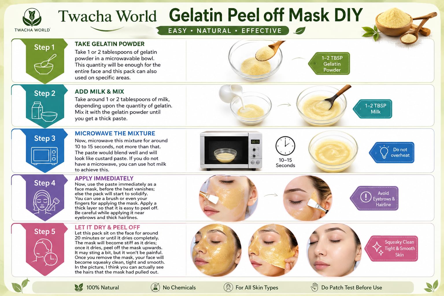 Twacha world Gelatin Powder For Face Mask/Hair removal/Peel Off Mask Removes Blackheads & Whiteheads (Skin Care) 25 GM and Multani Mitti Powder 200 Gm with facial Brush 2