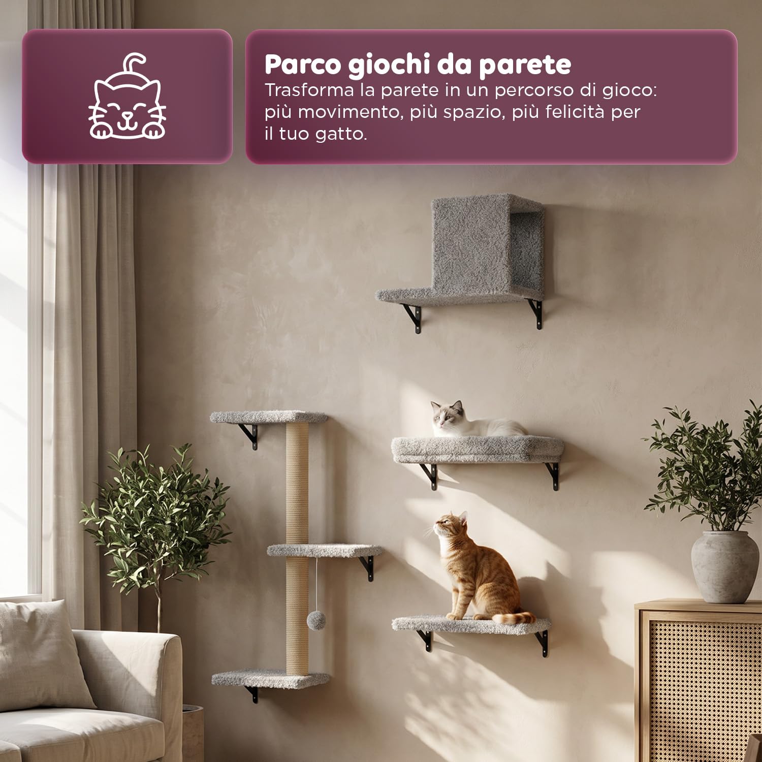Avilia - Parco Giochi Verticale da Parete per Gatti in Legno – Percorso Attrezzato con Mensole, Sisal e Tiragraffi – Arrampicata a Muro Salvaspazio con Rivestimento Morbido – Legno Naturale