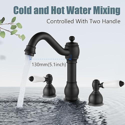 Miniatura 4 de Aolemi Grifo de lavabo de baño de 8 pulgadas, color negro mate, mango de cerámica doble, 3 agujeros, montaje en cubierta, mezclador con montaje de
