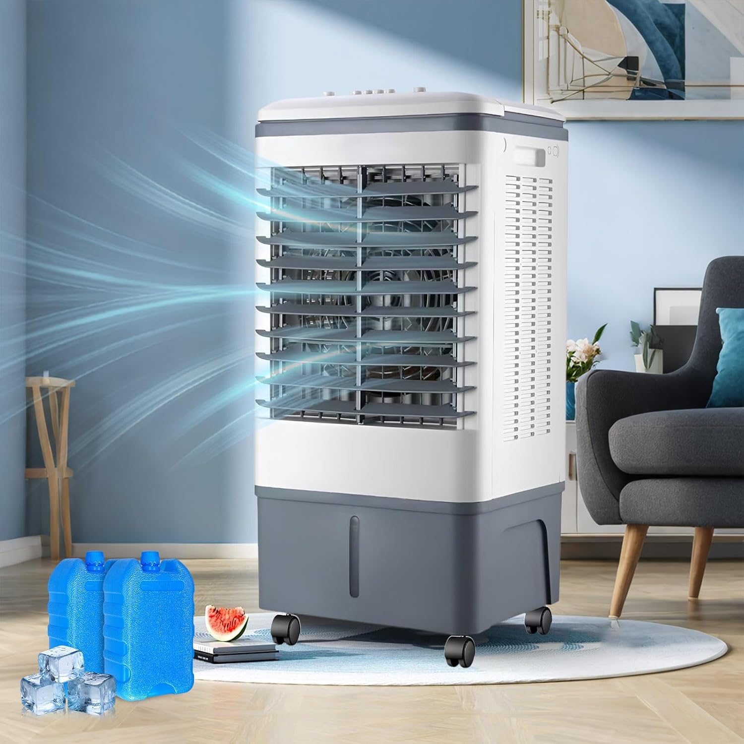 Suyaoquant Portable Air Cooler 20L, Evaporative Air Cooler with 2 Ice Packs, 3 Speeds, Remote-controlled, 7.5H Timer, Quiet Operation – Perfect For Bedroom, Garage, Workshop, Office