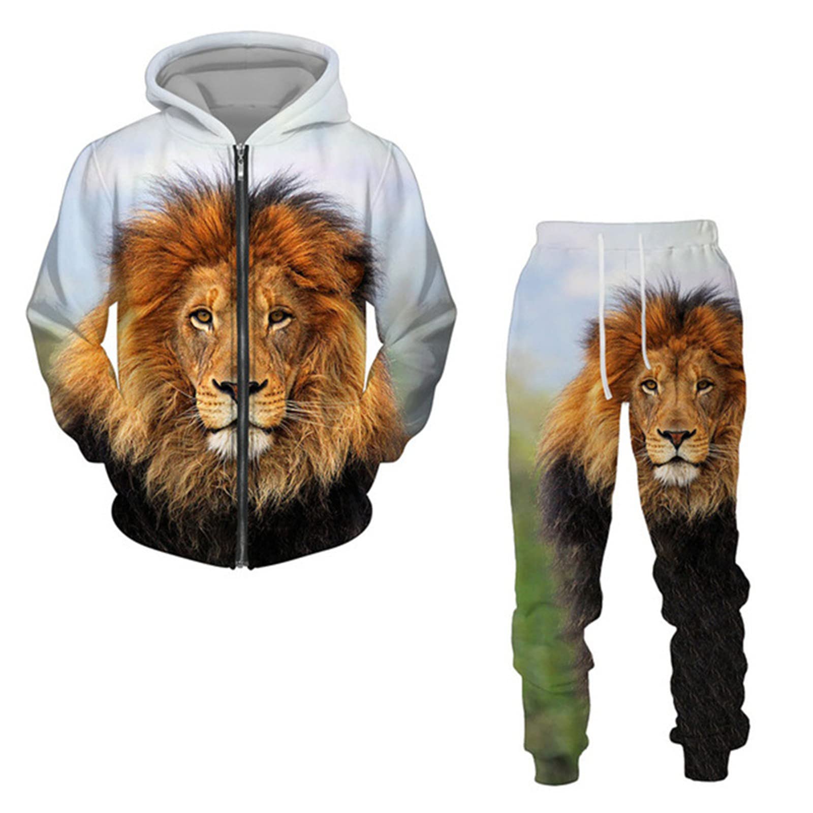 Tuta da Uomo Set da 2 Pezzi Animal Lion Felpa con Cappuccio Stampata in 3D e Pantaloni Sportivi Tute Casual con Cerniera Lampo