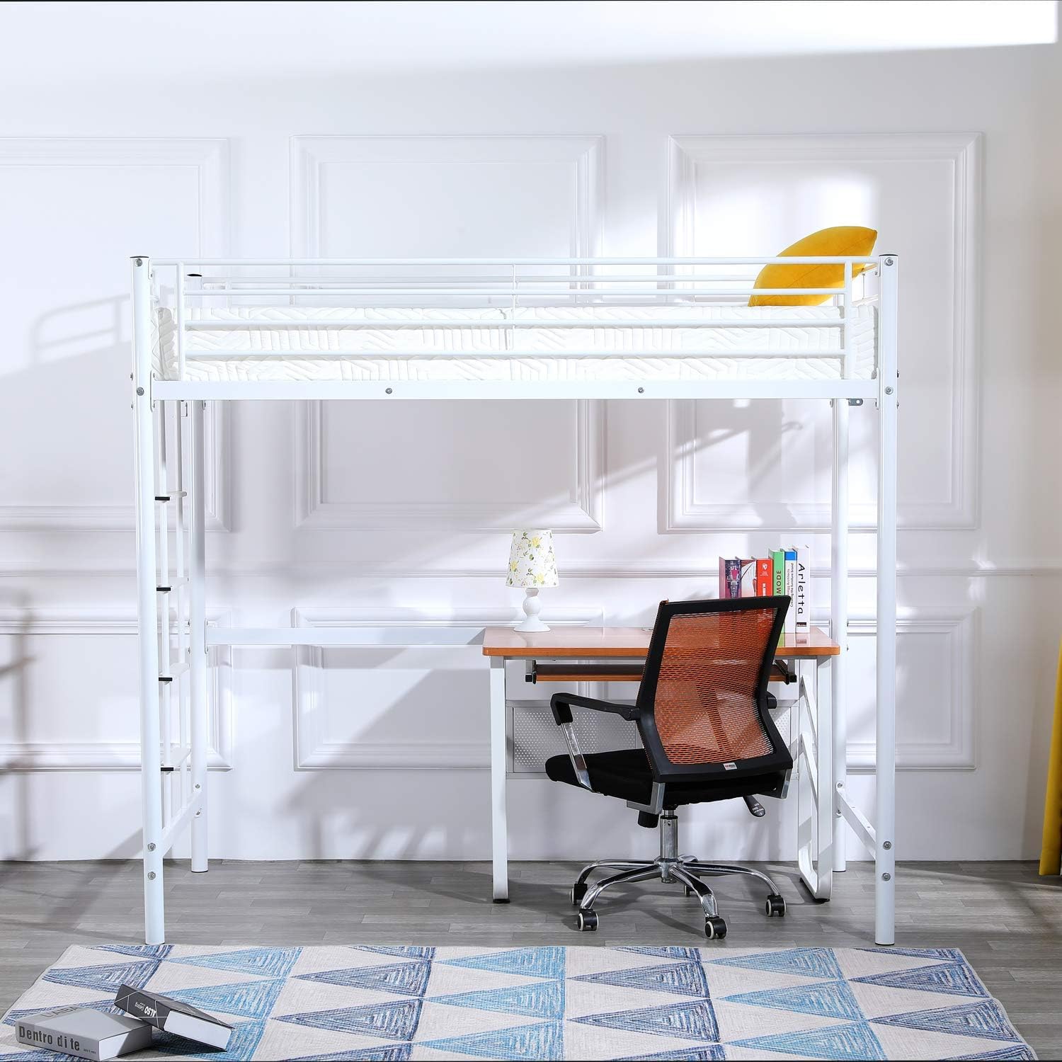 Bonnlo Metal Loft Bed with Stairs and Flat Rung, Junior Bed Full Size High Loft Bed for Kids/Teens/Adults, No Box Spring Required, White