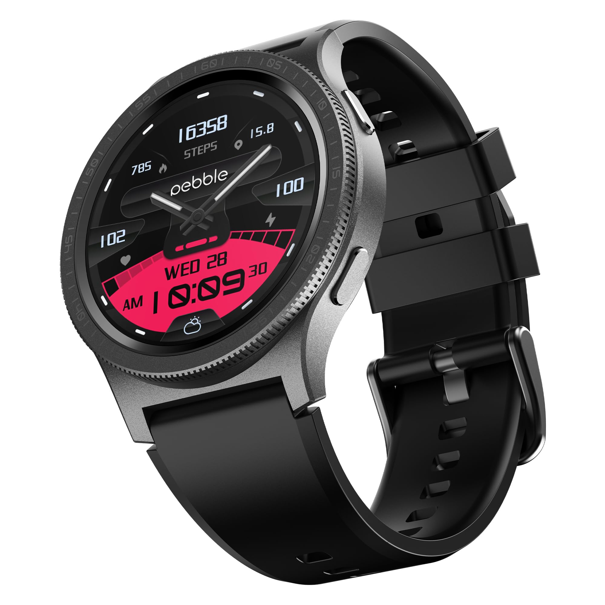 Pebble Revolve Pro Rotating Bezel 1.43" Ultra Amoled Display, 600 Nits Brightness, Always on Display, High Accuracy Step Count, Metal Build, Premium Strap, BT Calling, DIY Watch Faces, Voice Assistant