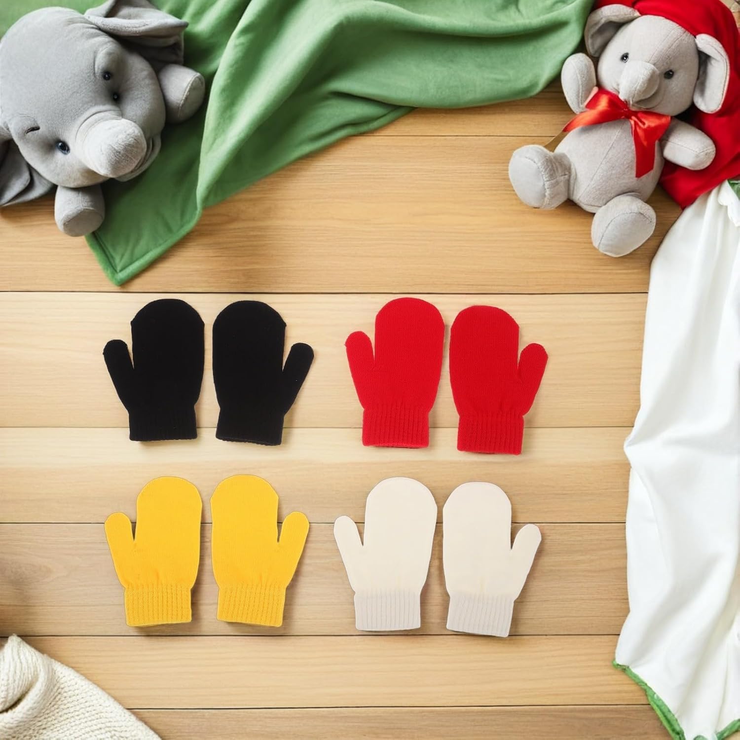 CHILDWEET 4 Pairs Winter Knit Gloves, Acrylic Stretch Full Finger Mittens