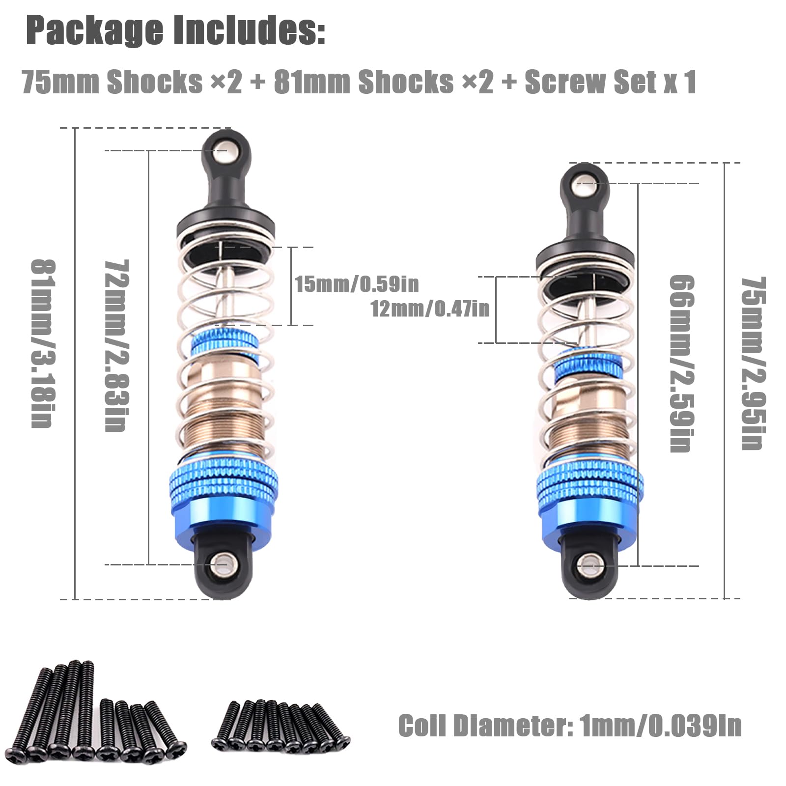 Oil-Fill Shock Absorbers for 1/14 1/16 1/12 RC Cars, 75mm & 81mm Hydraulic Suspension Kit, DIY Refillable Dampers with Alloy Body, Compatible for MJX, HSP, WLtoys, SCY, FMS, Traxxas (Oil Not Included)