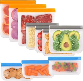 10 Pack Dishwasher Safe Reusable Bags, Leakproof Reusable Snack Bags, BPA Free Food Storage Bags for Lunch, Marinate Food Travel and Home Use - 3 Gallon 4 Sandwich 3 Snack
