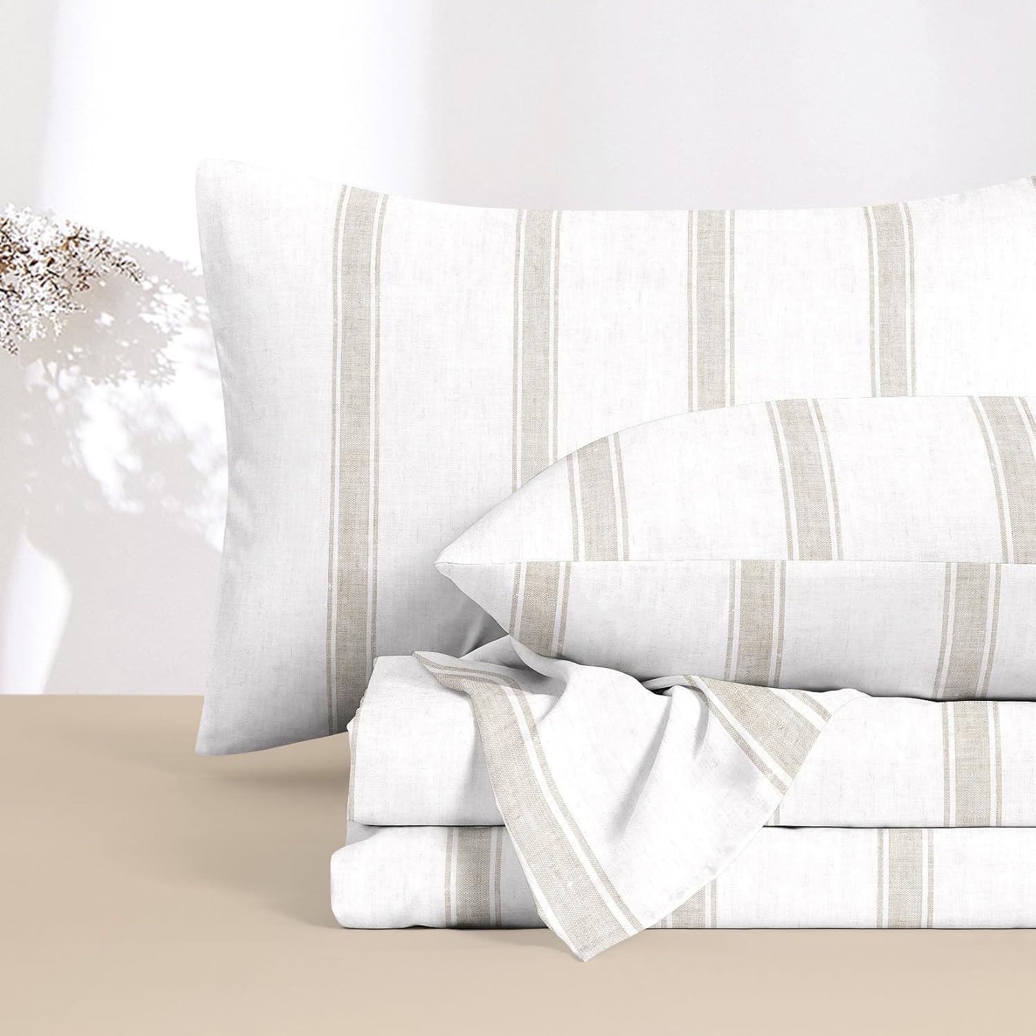 Wake In Cloud - Striped Bed Sheets 4-Piece Sheet Set Coastal Farmhouse Rustic Style with Vintage Neutral Stripe