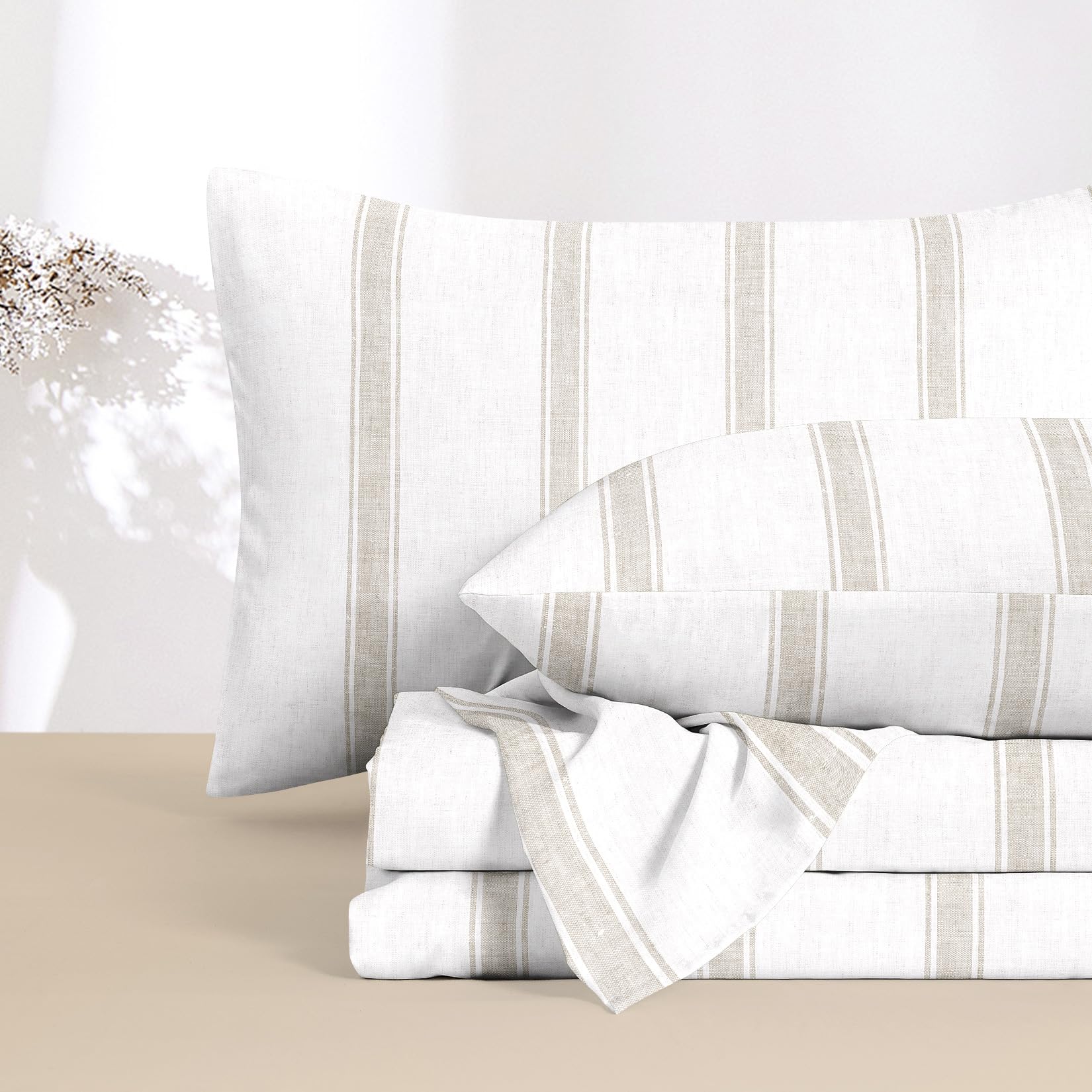 Wake In Cloud - Striped Bed Sheets 4-Piece Sheet Set Coastal Farmhouse Rustic Style with Vintage Neutral Stripe