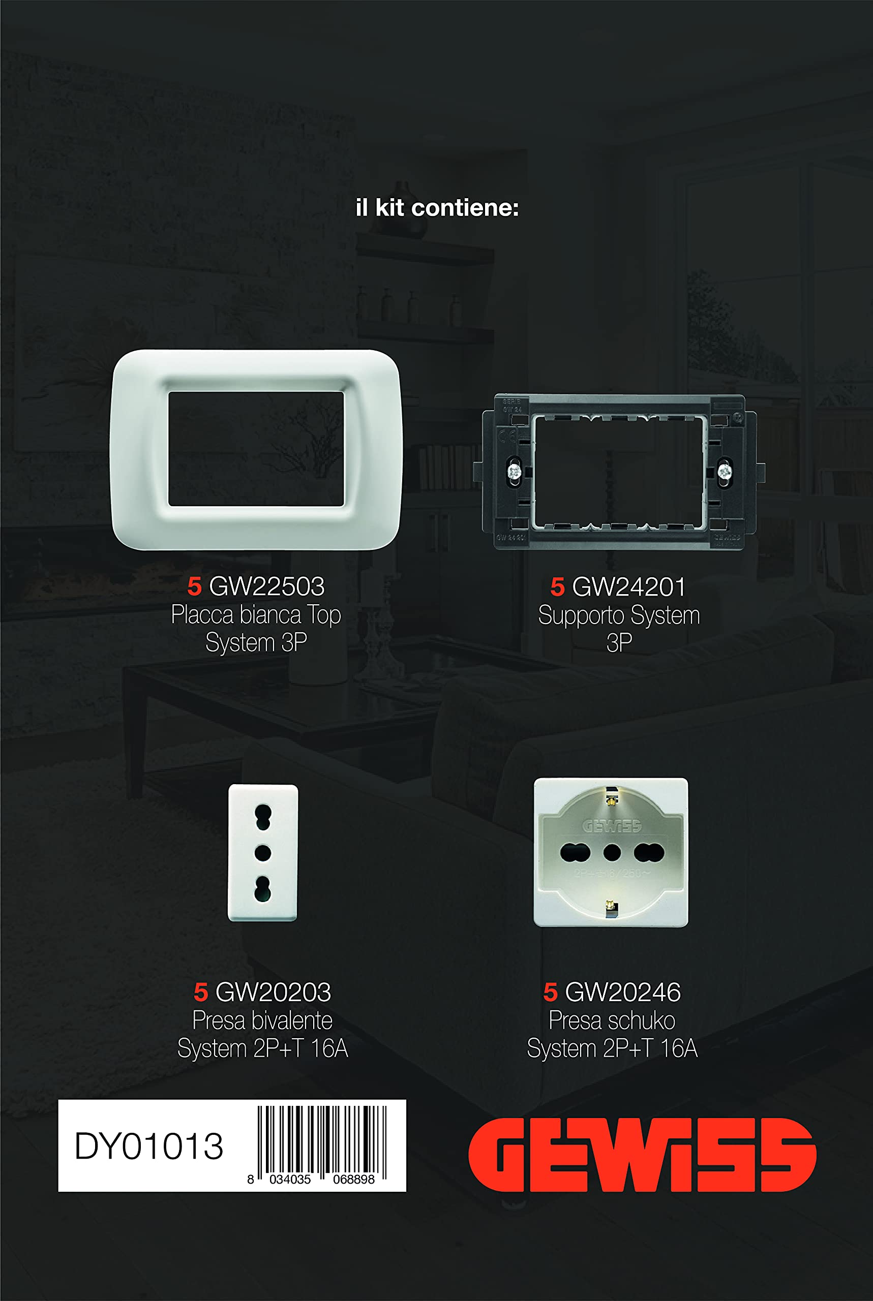 Gewiss Kit Serie Civile elettrica composto da Placche bianche prese Bivalenti e Schuko bianche per 5 punti prelievo energia